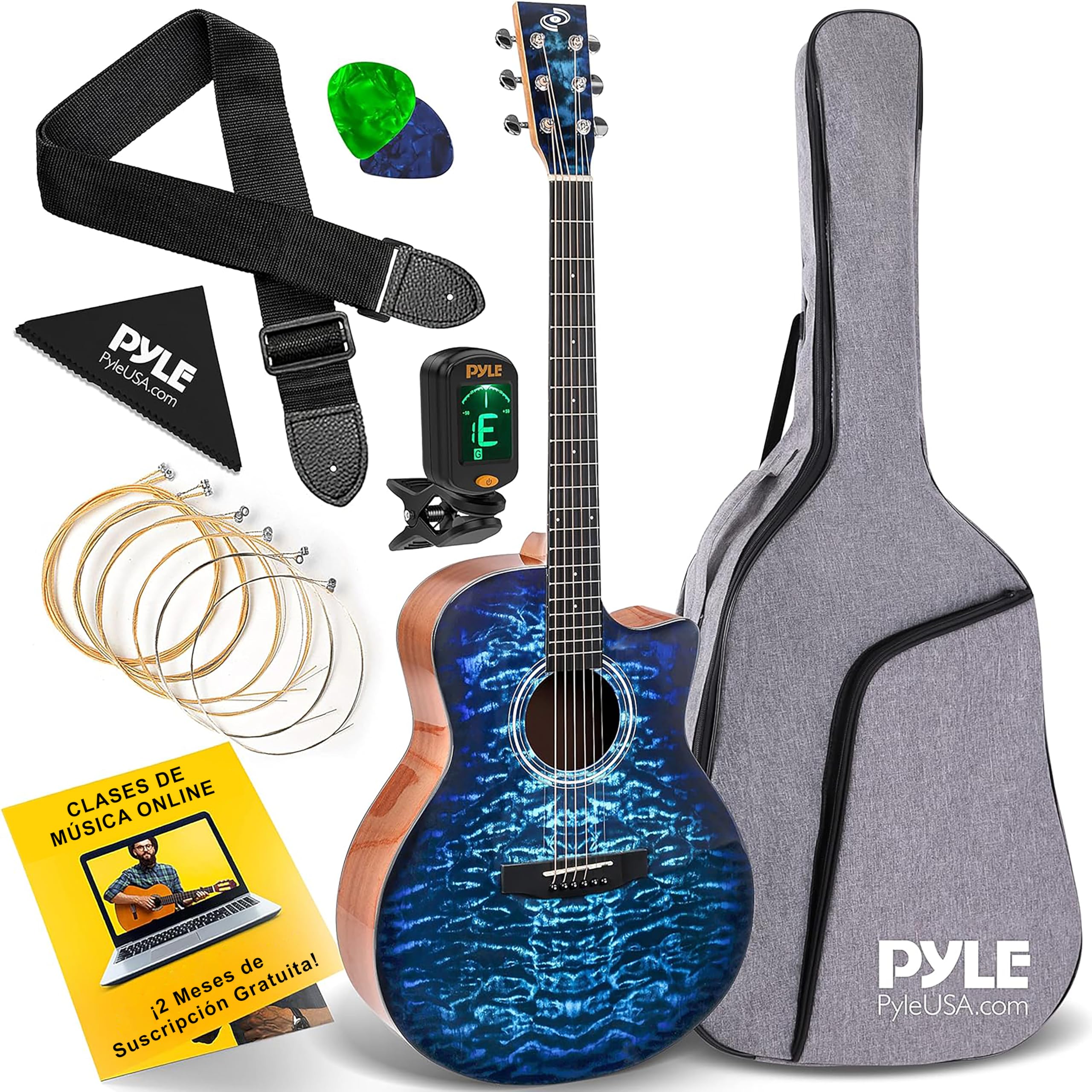 Pyle Kit de Guitarra Acústica para Principiantes - Diestro, 4/4, Azul burst