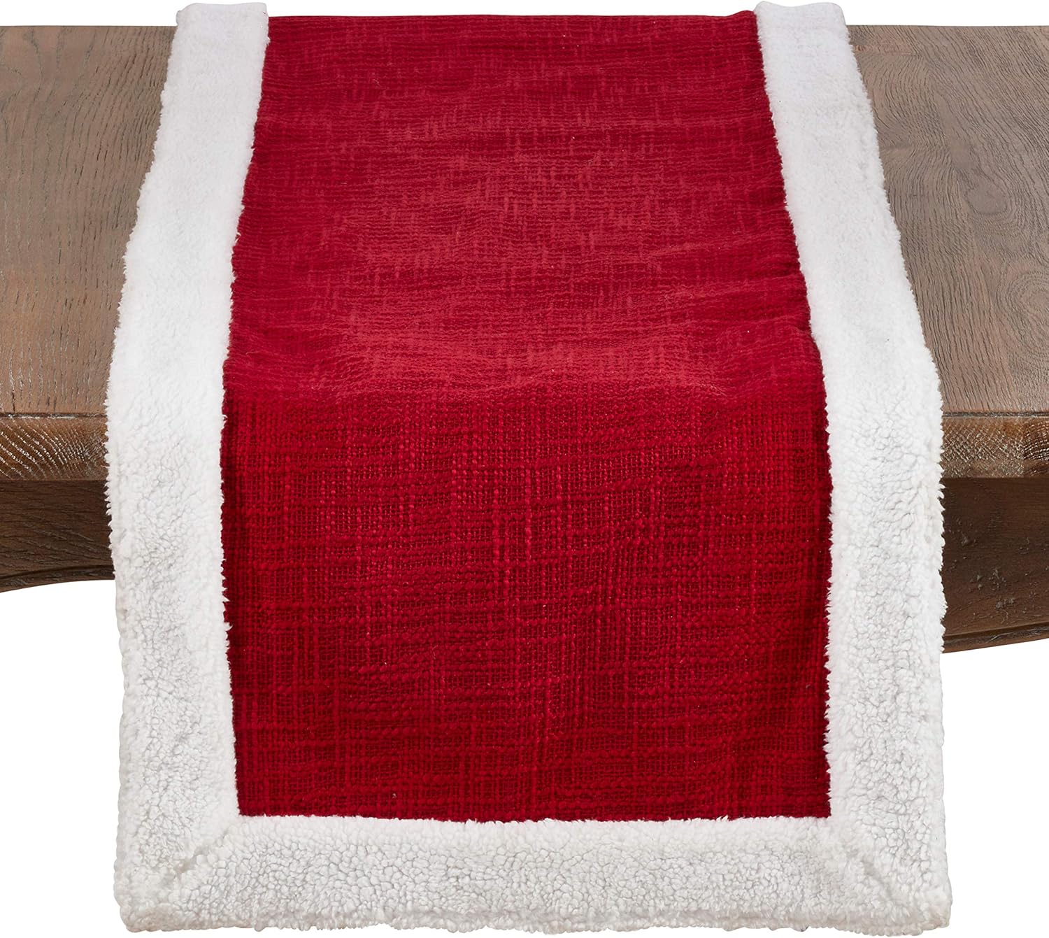 SARO LIFESTYLE 2050.R16108B Saint Nicholas Collection Christmas Table Runner With White Sherpa Bordering, 16" x 108", Red