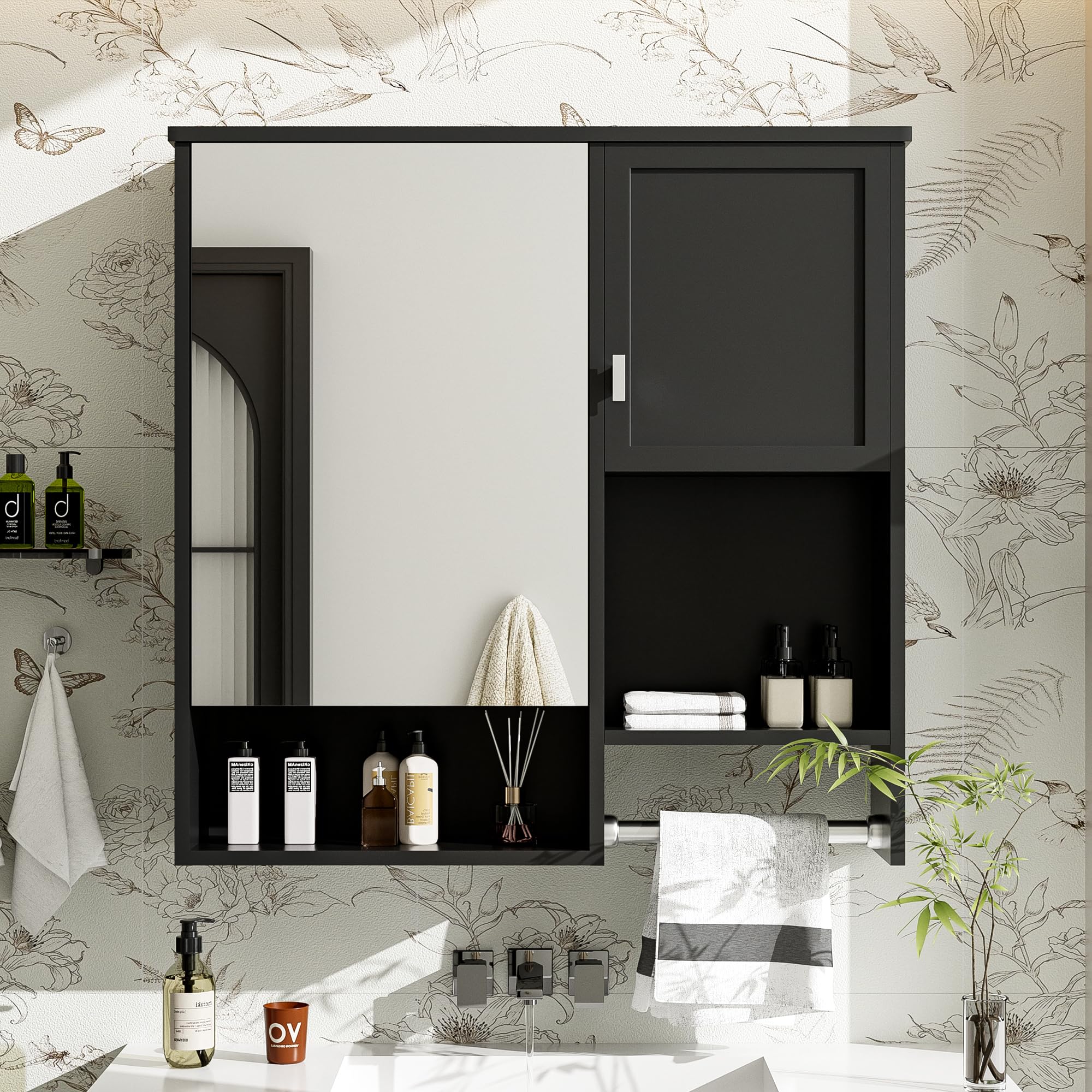 Virubi Modern Bathroom Medicine Cabinet, Bathroom Wall Storage Cabinet with Mirror, Over The Toilet Space Saver Cabinet with Towels Bar (Black)