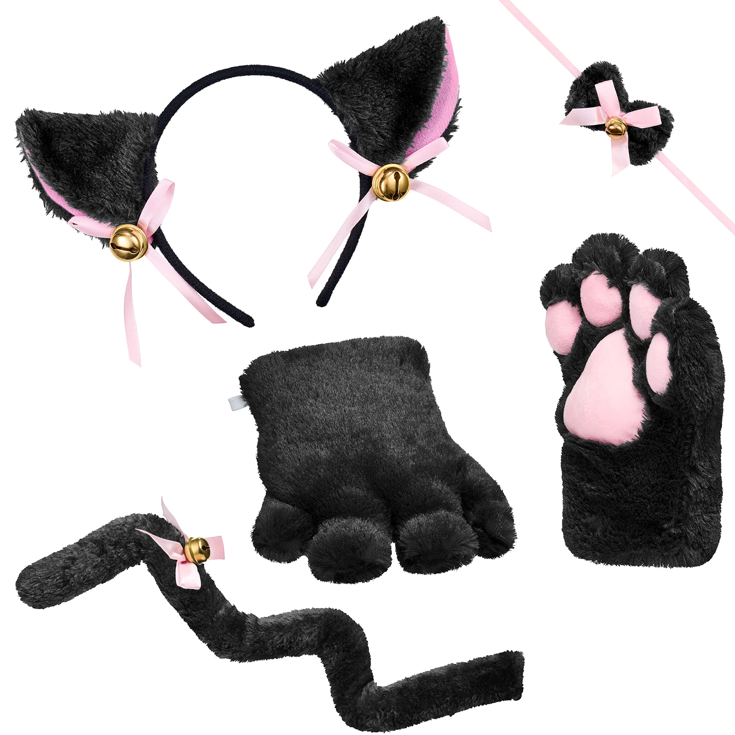 Balinco Set de Disfraz de Gato, Orejas de Gato + Diadema + Patas de Peluche + Pajarita + Cola de Gato, Disfraz de Animal, Anime, Fiesta Cosplay, Halloween, Carnaval
