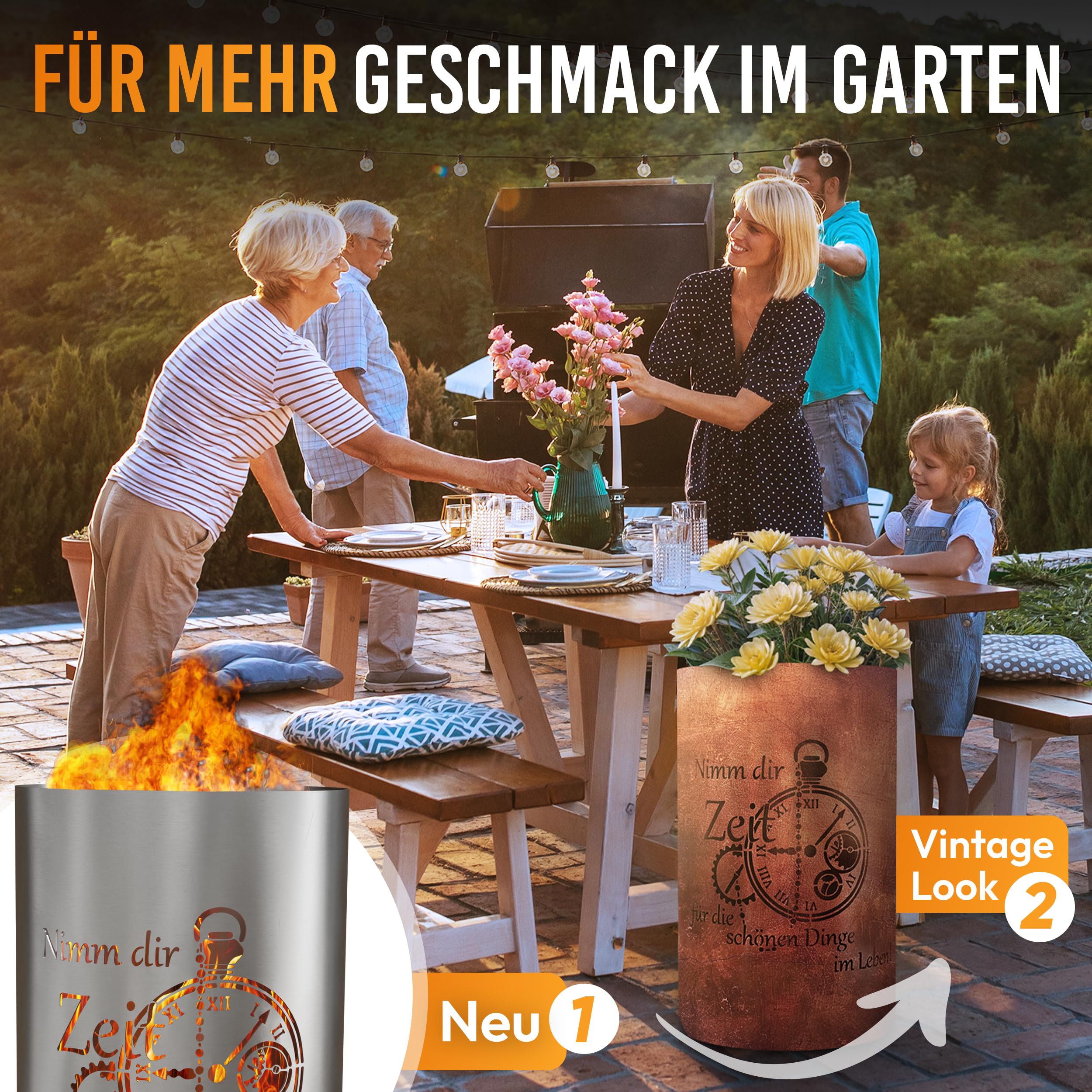 TiKo-Design® Feuertonne Feuerkorb mit Zeit Motiv – Nimm dir Zeit