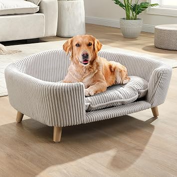 30inch Bed Frame for Large Dogs, Modern Pet Sofa, Elevated Dog Couch Bed with Wooden Legs, Oval Small Dog Bed, Cozy Tufted Cushion Pet Furniture Beige