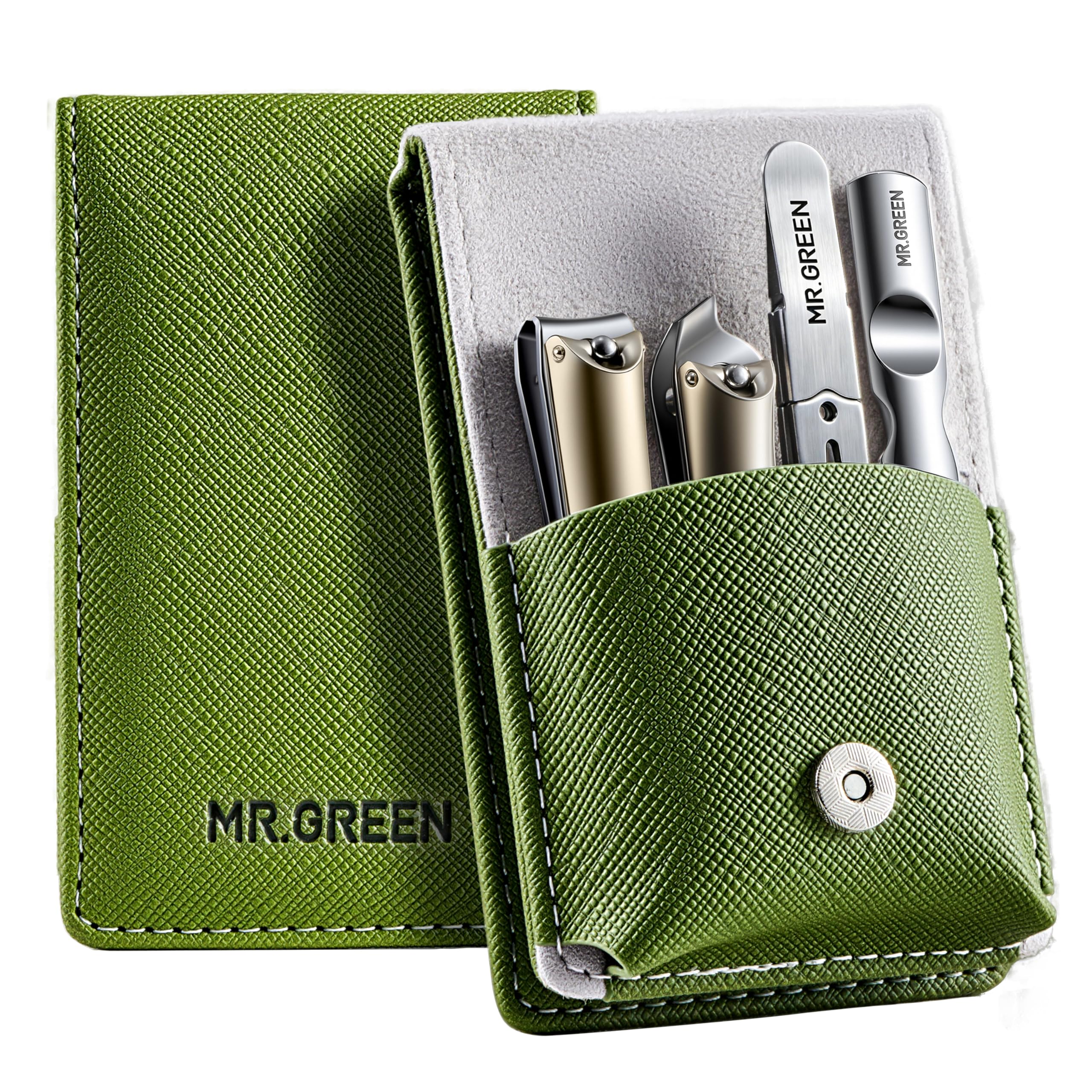 MR.GREEN 4Pcs Nail Clipper Set, German Stainless Steel Nail Clippers with Nail File and Tweezers, Professional Nail Cutter Portable Nail Care Kit with Leather Case for Men & Women