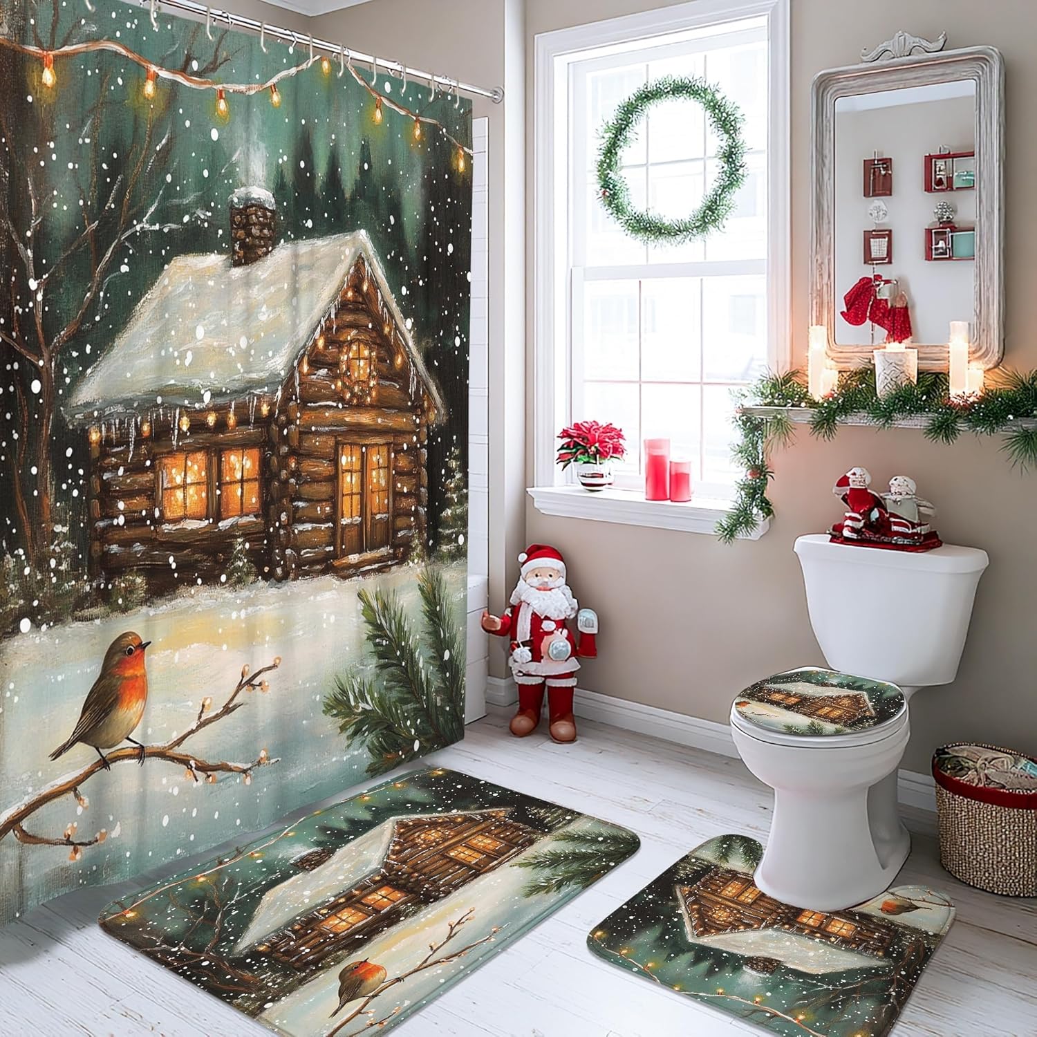 4PCS Winter Farmhouse Christmas Bathroom Sets with Non-Slip Rug, U Shape Toilet Lid Cover Mat, Country Snow Lodge Cabin Xmas Bathroom Decoration 72''x72''