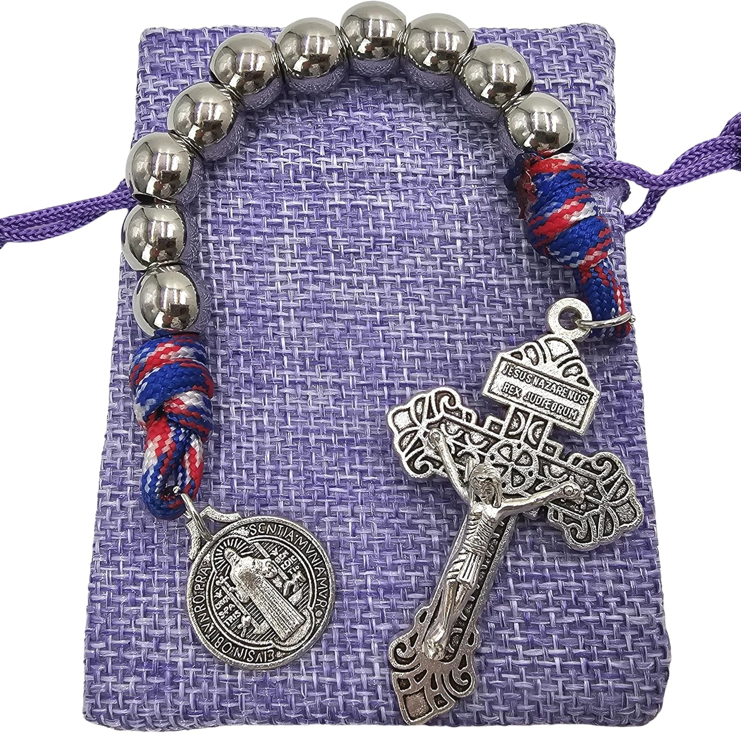 TALISMAN4U One Decade Paracord Pocket Rosary 10mm Silver Beads St Benedict Medal Pardon Crucifix Catholic Rosaries Chaplet with Linen Pouch & Prayer Card Religious Gift