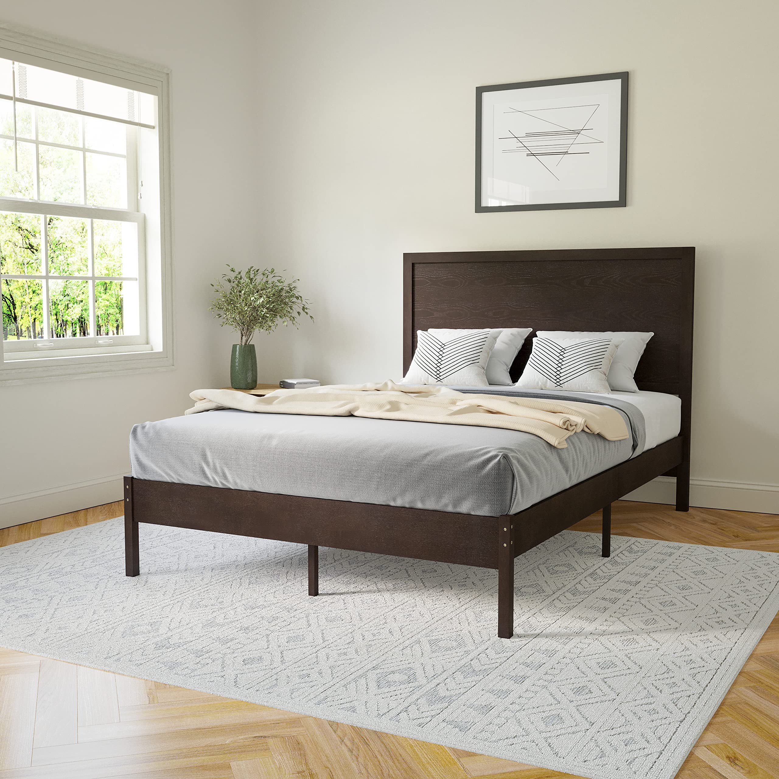 Flash Furniture Asher Solid Wood Platform Bed with Wooden Slats and Headboard, No Box Spring Needed, Full Size, Dark Brown