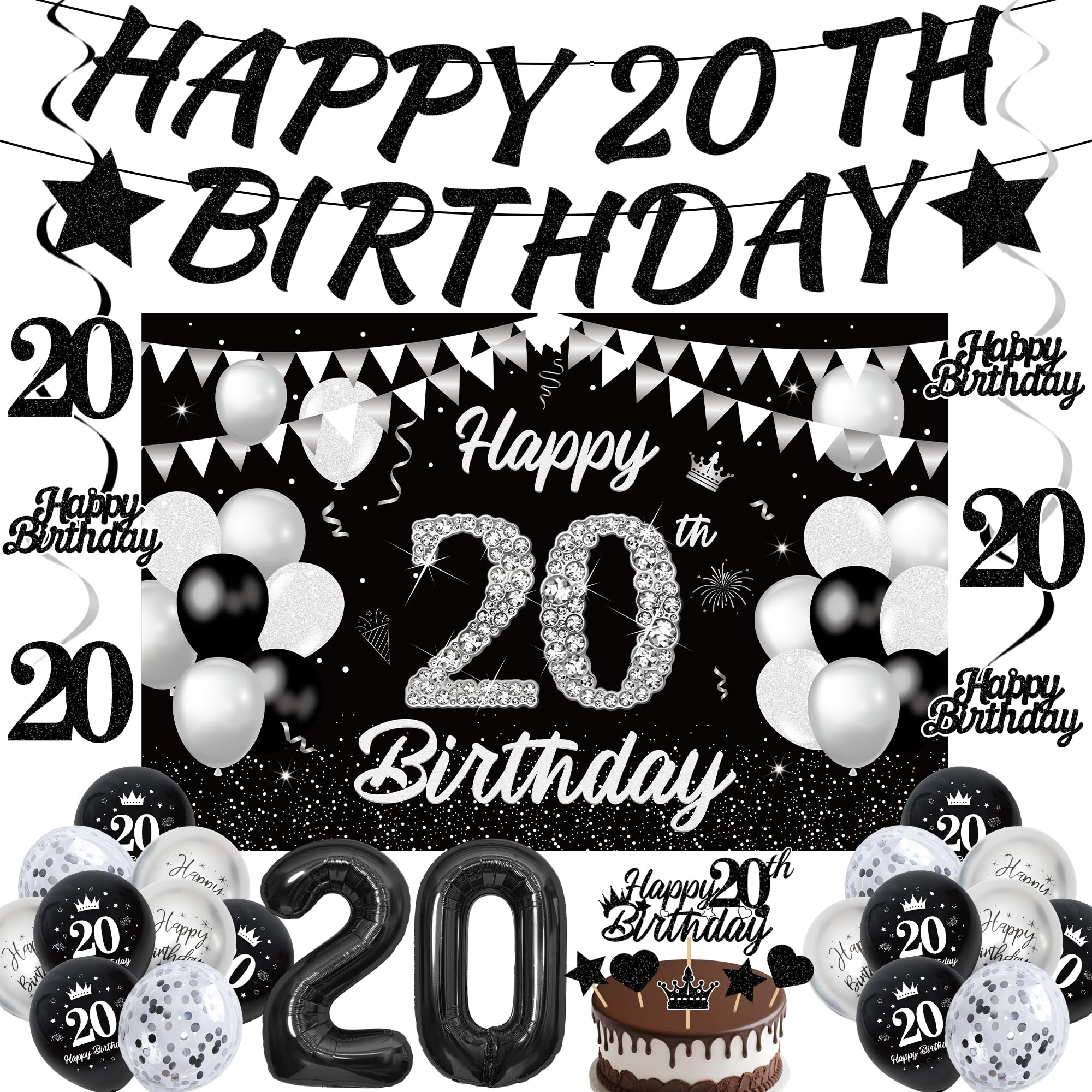 20th Birthday Decorations Banner Balloons- 35 Pc Black Silver Happy 20 Bday Banners Hanging Swirls Cake Topper Foil Latex Number 20 Balloons for him her Women Men Girls Party Supplies