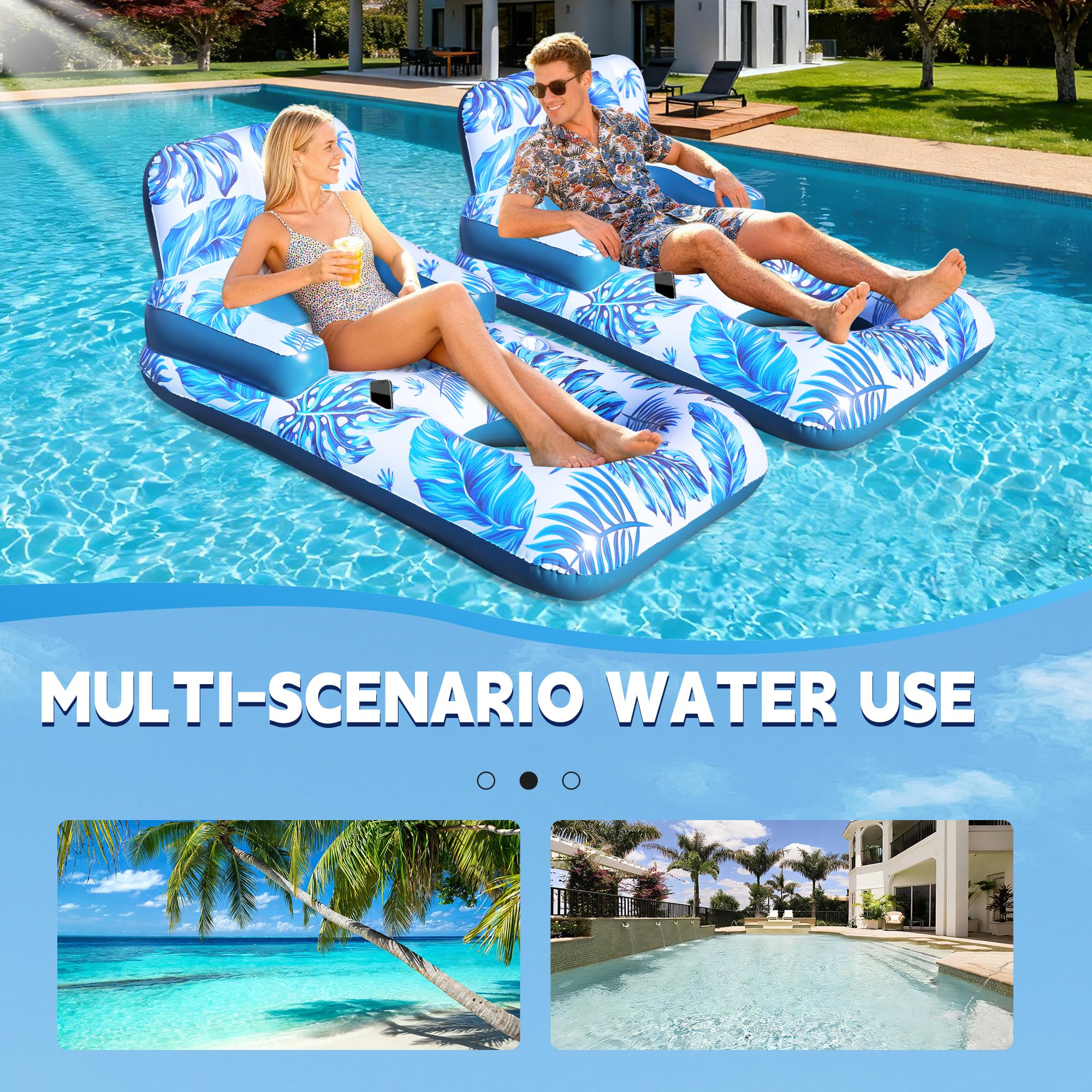 ChlorBlu Colchoneta Piscina Adultos,Flotadores Piscina con Soportes para Vasos y Teléfono,Hinchable para Piscina con Reposacabezas,Respaldo y Reposapiés,Engrosada Sillon Hinchable Piscina de Bronceado