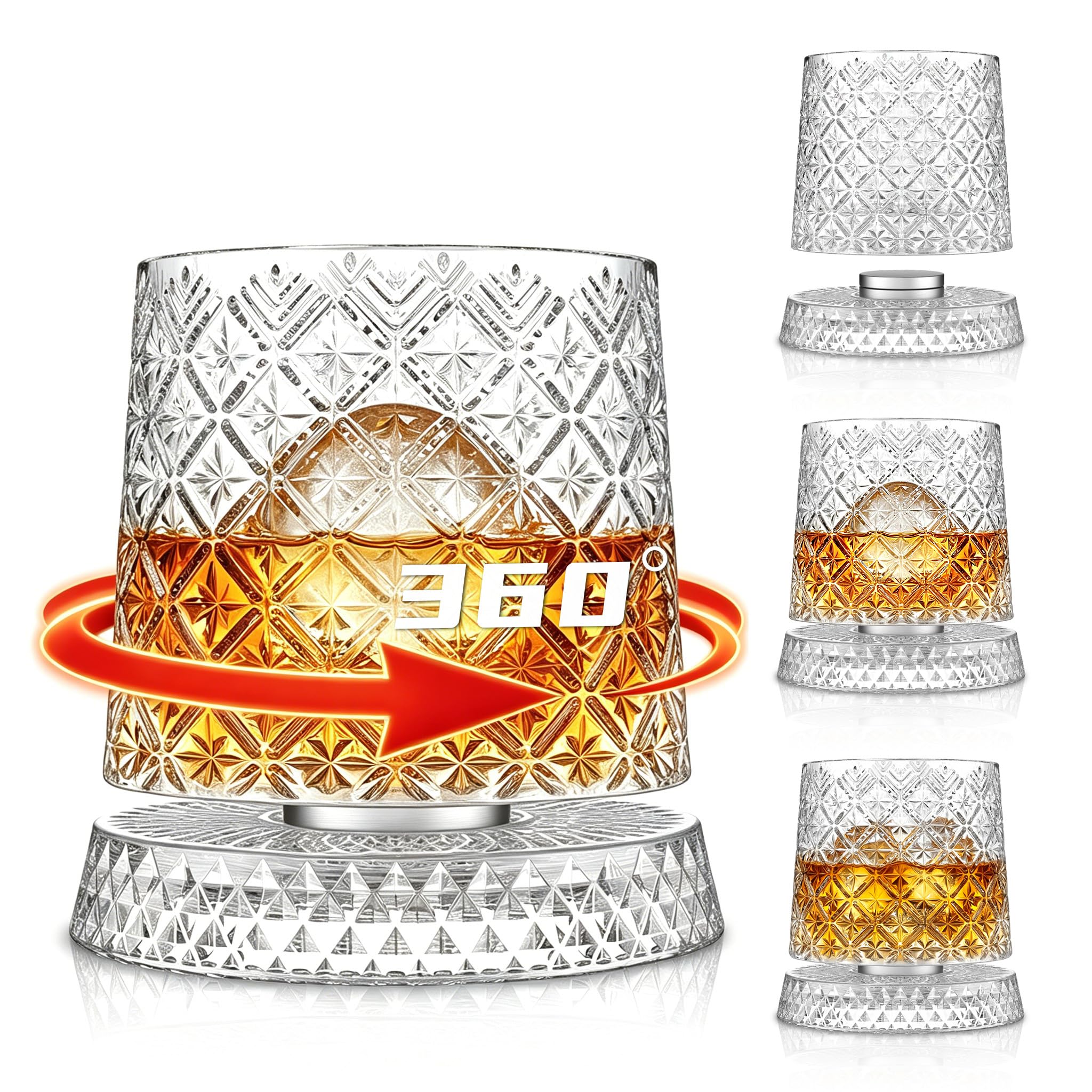 SoulTimes 10oz Rotating Whiskey Glasses Set of 4-Luxury 360°Spinning Crystal Old Fashioned Rocks Whiskey Glass for Bourbon, Scotch, Rum, Cocktail etc. Lead-Free Liquor Tumbler-Unique Gifts for Men