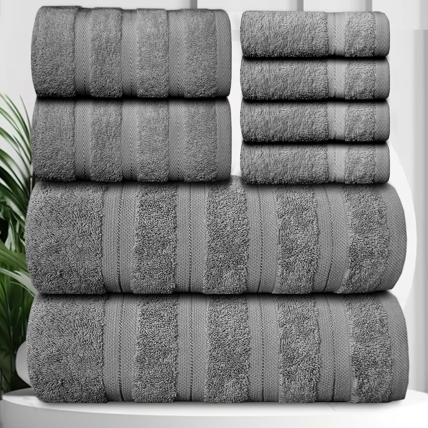 Casabella Premium Quality 8 Pc Set Silver Towel Set 100% Combed Cotton 650 GSM Towels Set-2 Bath Towels, 2 Hand Towels, 4 Wash cloths, Highly Absorbable 8 Pc Silver Towel bale Sets