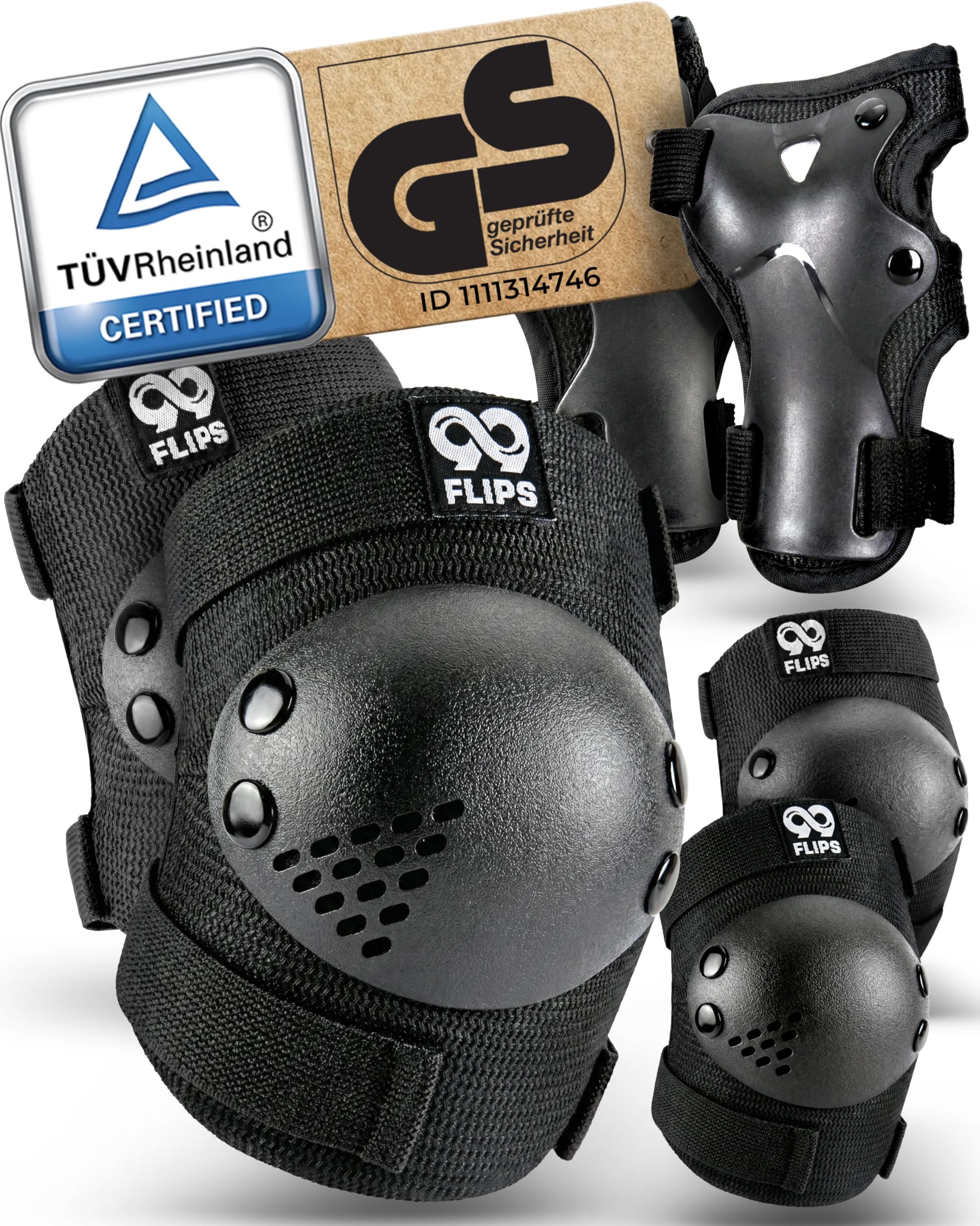 99FLIPS Knee Pads for Kids - Kids Knee and Elbow Pads for Children - Wrist Guards - RISE - Size XS - BLACK - Skateboard, Scooter, Inline Skates