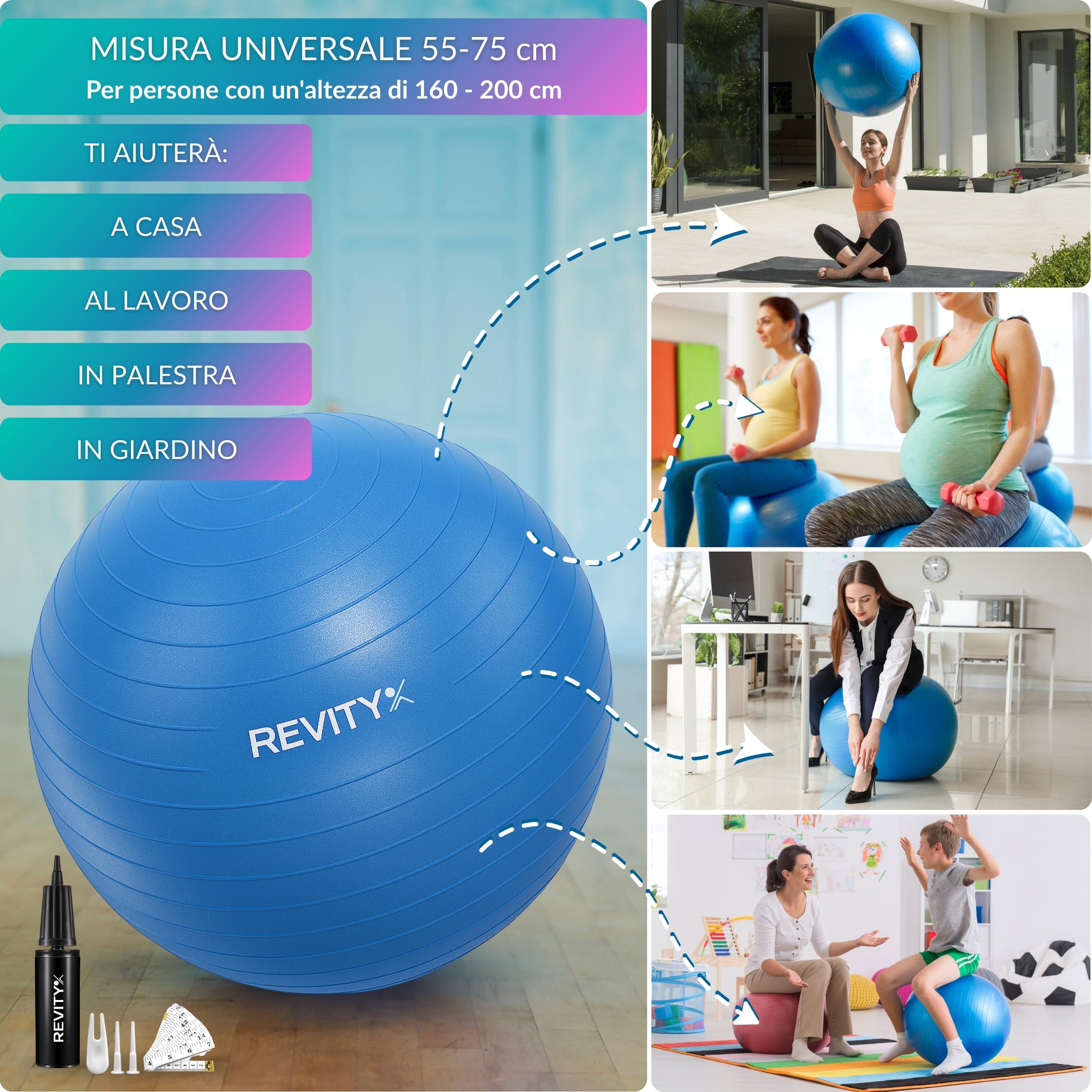Palla Pilates 65 cm - Fitball Gravidanza Anti-Burst, Palla Pilates Grande per Esercizi e Yoga, Antistatica e Antiscivolo, 250 kg, con Pompa, 2 Valvole e Guida PDF di Allenamento