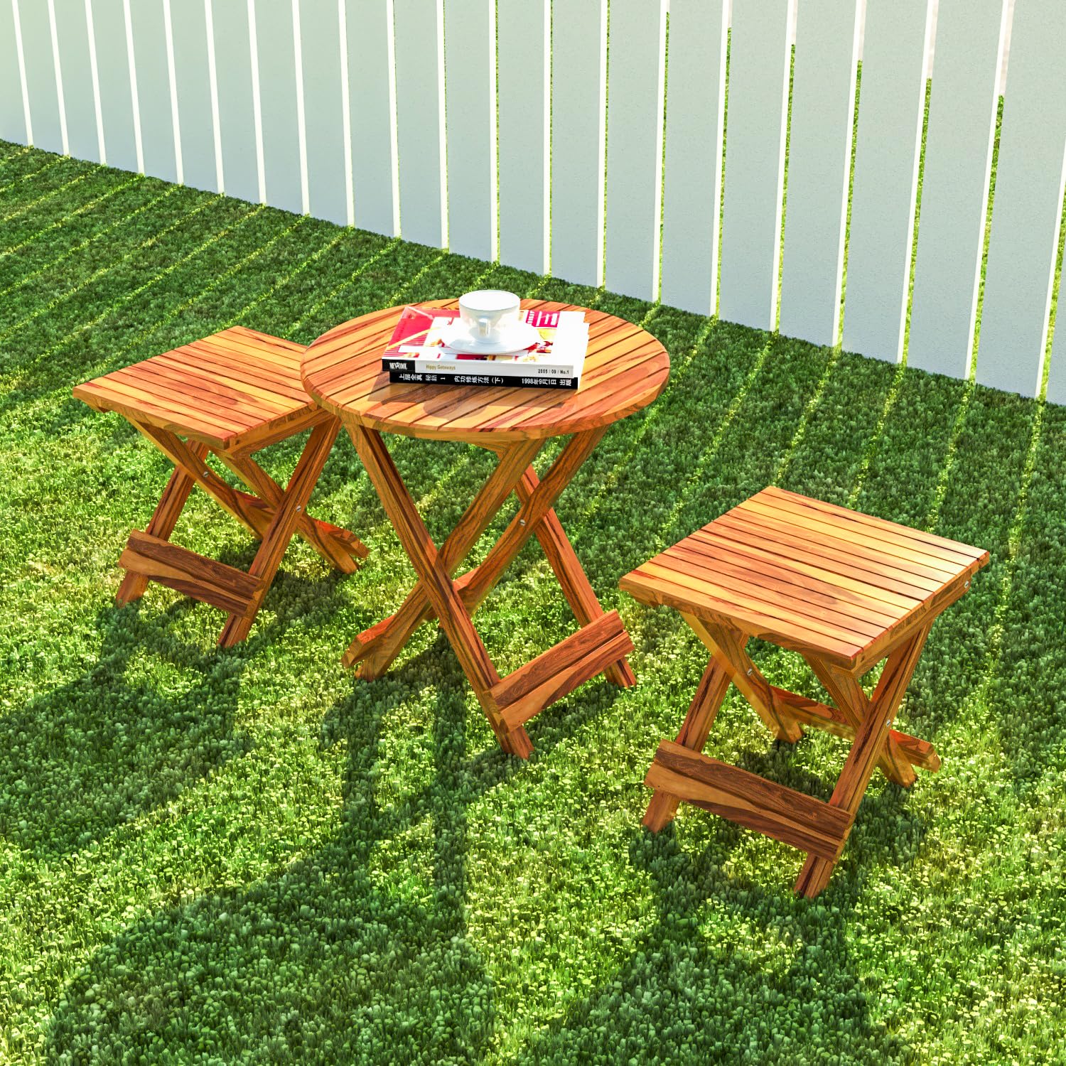 Handmade Wooden Outdoor Wood Standard Foldable Patio Dining Set for Balcony Garden and Outdoor | 2 Chairs and Round Table | Natural Finis h(Table - 23.5 x 24 Inch) (Chair - 15 x 16 x 17 Inch)-image-27