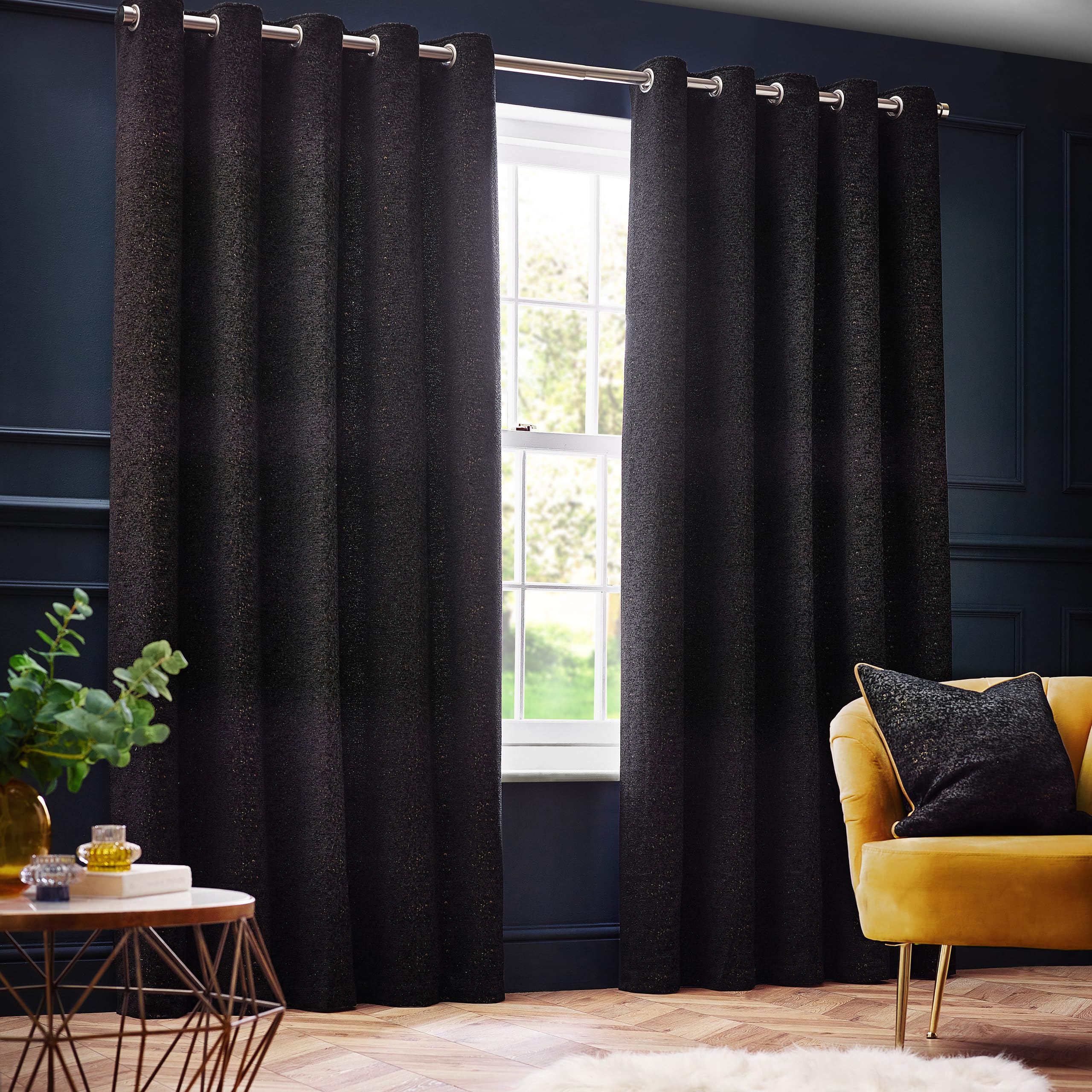 Paoletti Unisex Black Galaxy Velvet Chenille Eyelet Curtain Pair In | Size: 229Cm Width X 229Cm Drop
