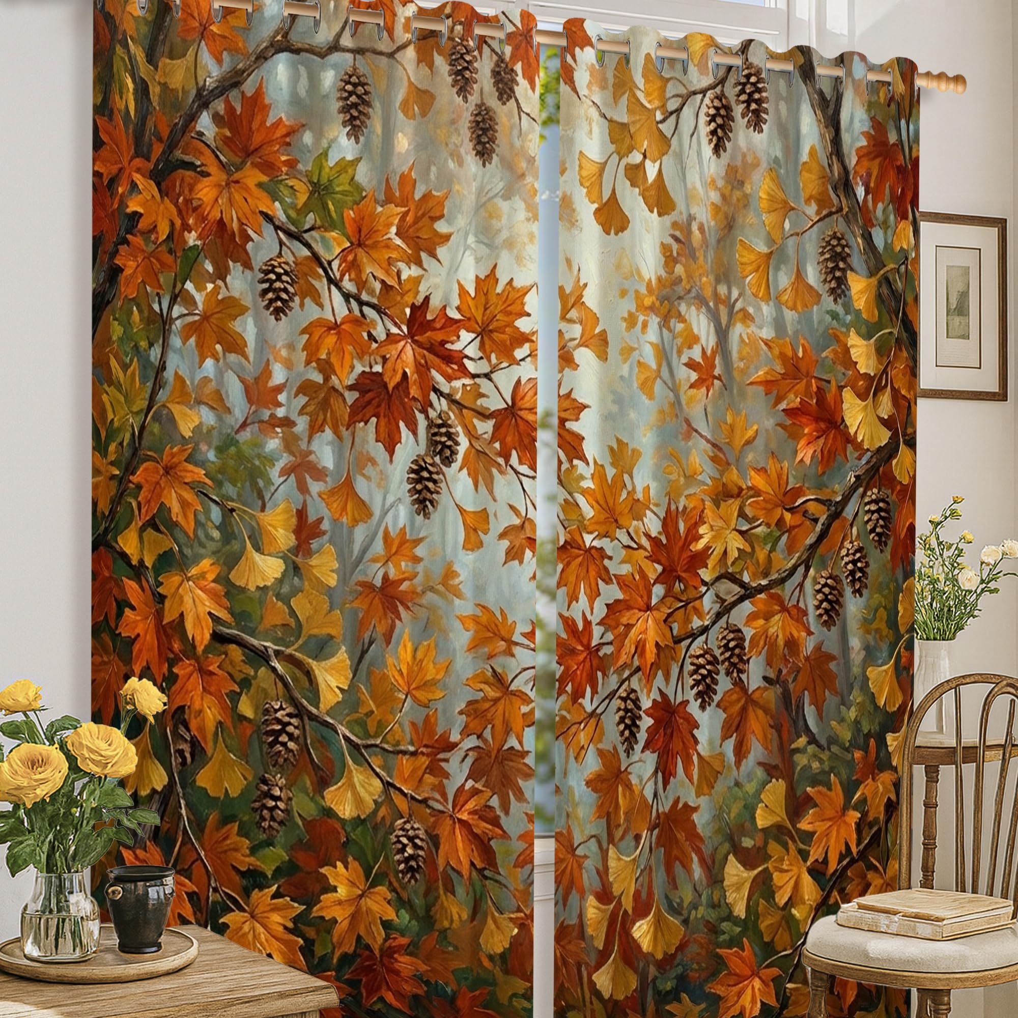 Rideau occultant de chambre contre la lumière motif feuilles orange