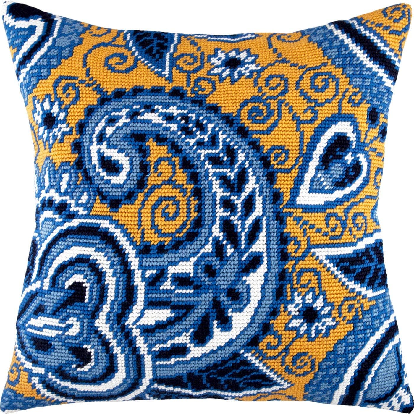 Brvsk Ornamental Embroidery Kit for Adults and Beginners — Azure and Gold 16″ × 16″ with Clear, Precise Printed Design on Cotton Canvas; Includes 2 Needles, Yarn, and Easy-Read Chart