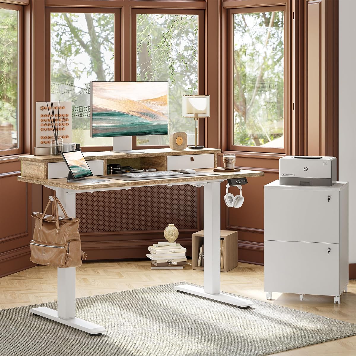 TIQLAB 48 * 24 inch Standing Desk with Two Drawers&Top Shelf, Maple 47*24 inch without keyboard tray Maple image 1