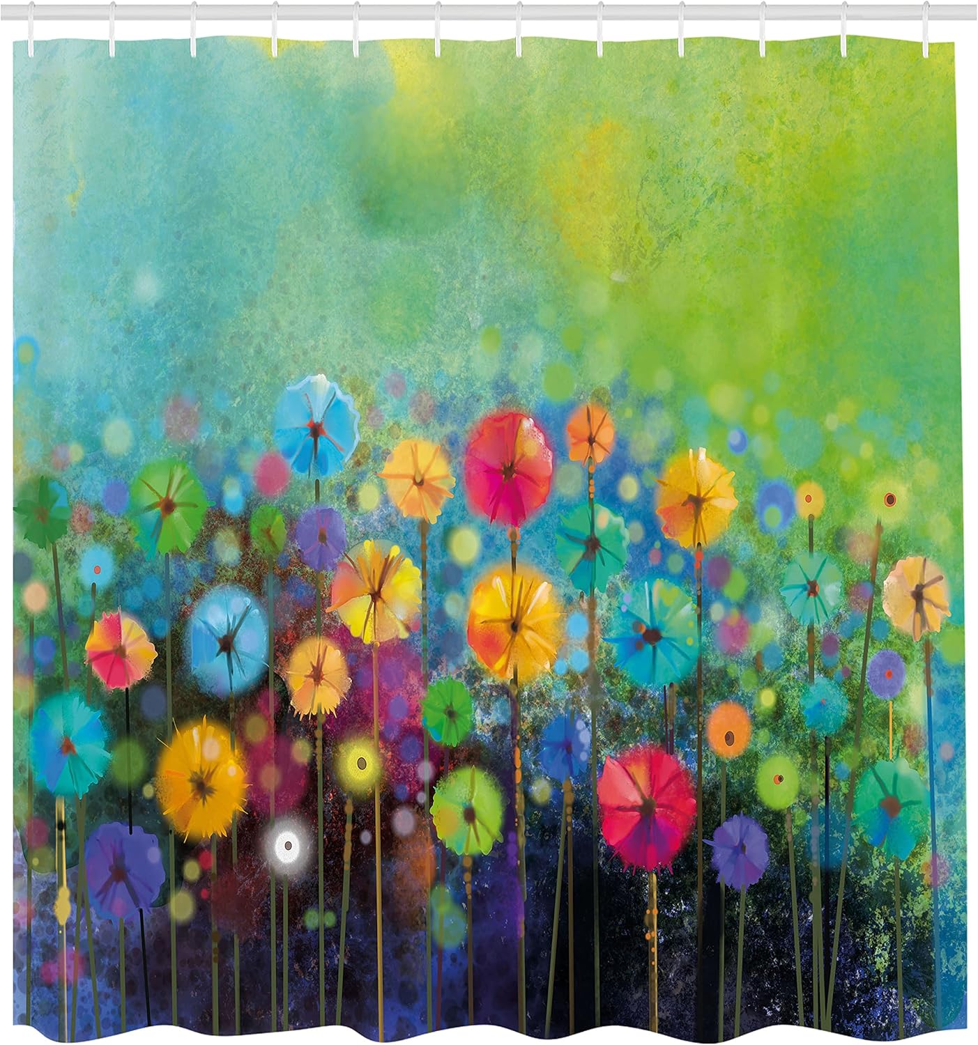 Ambesonne Flower Shower Curtain, Dandelions Featured in Garden Brushstrokes Watercolored Abstract Landscape Art, Cloth Fabric Bathroom Decor Set with Hooks, 69" W x 70" L, Lime Green Sky Blue Coral