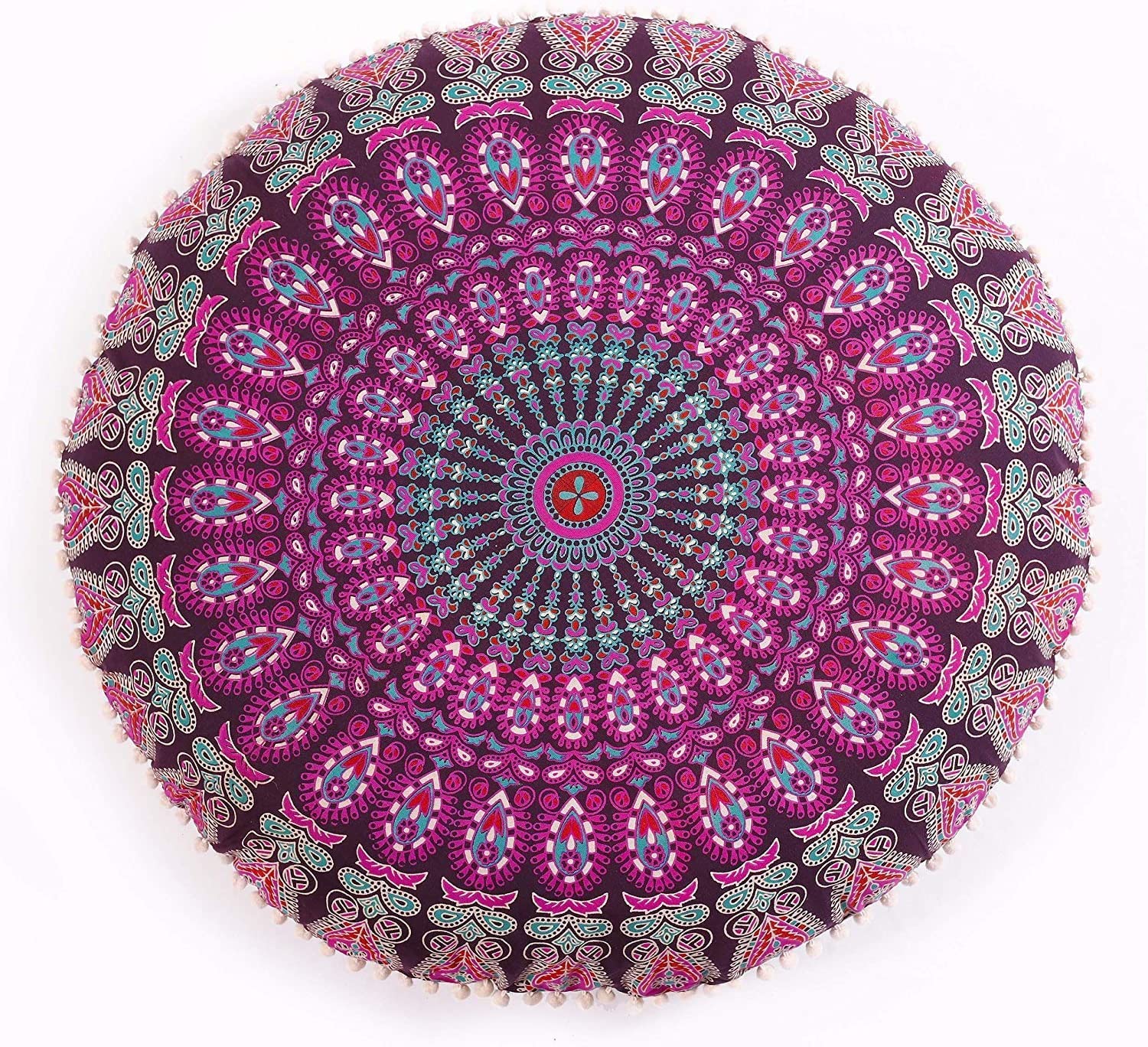 Round Pouf Cover - Gold Cotton with Pom -6