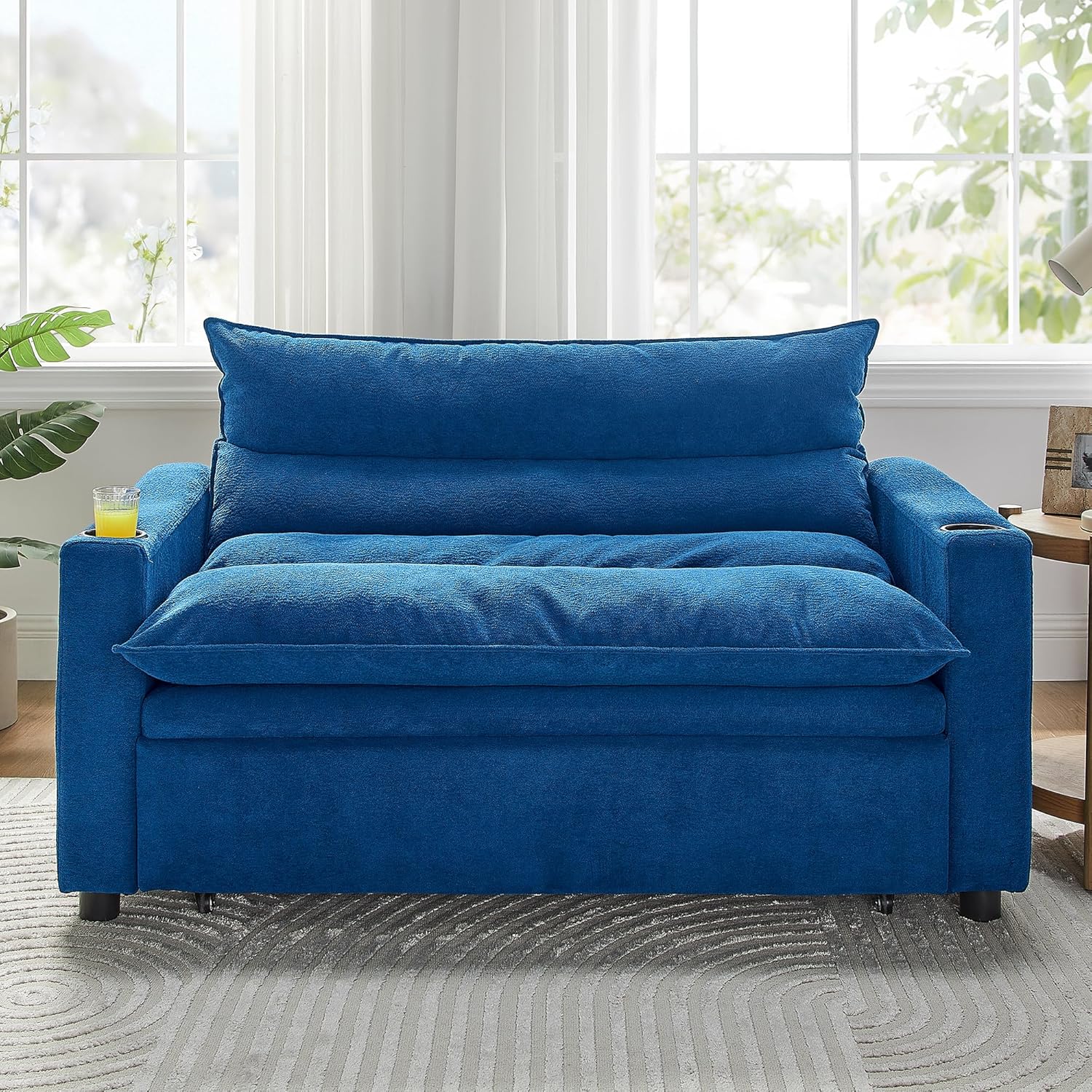 3 in 1 Convertible Pull Out Sleeper Sofa Couch Bed, 56.3" Velvet Futon Loveseat Lounge Daybed Recliner Sofabed with Adjustable Backrest & Cupholders and Thickness Cushions