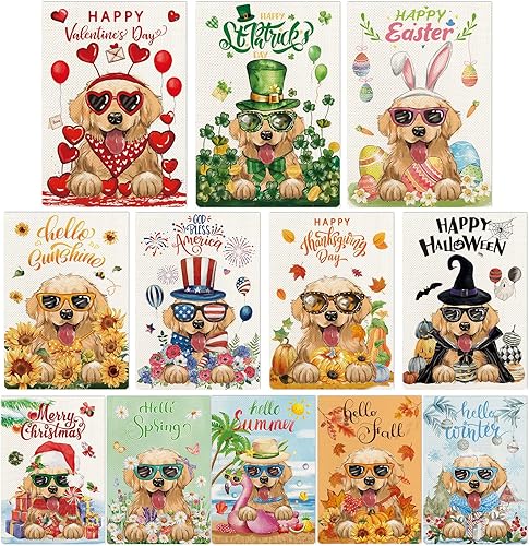 Golden Retriever - Juego de 12 banderas de jardín de temporada de bienvenida de 12 x 18 pulgadas, de doble cara, banderas de jardín para perros para