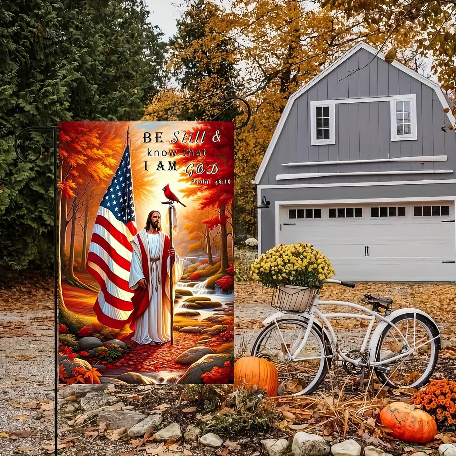 Christian Jesus and American Flag Garden Flag 12x18 Inch Double Sided Religious Patriotic Yard Banner Fall Autumn Thanksgiving Outdoor Porch Lawn Decoration for Faith and Freedom Home Decor - Image 2