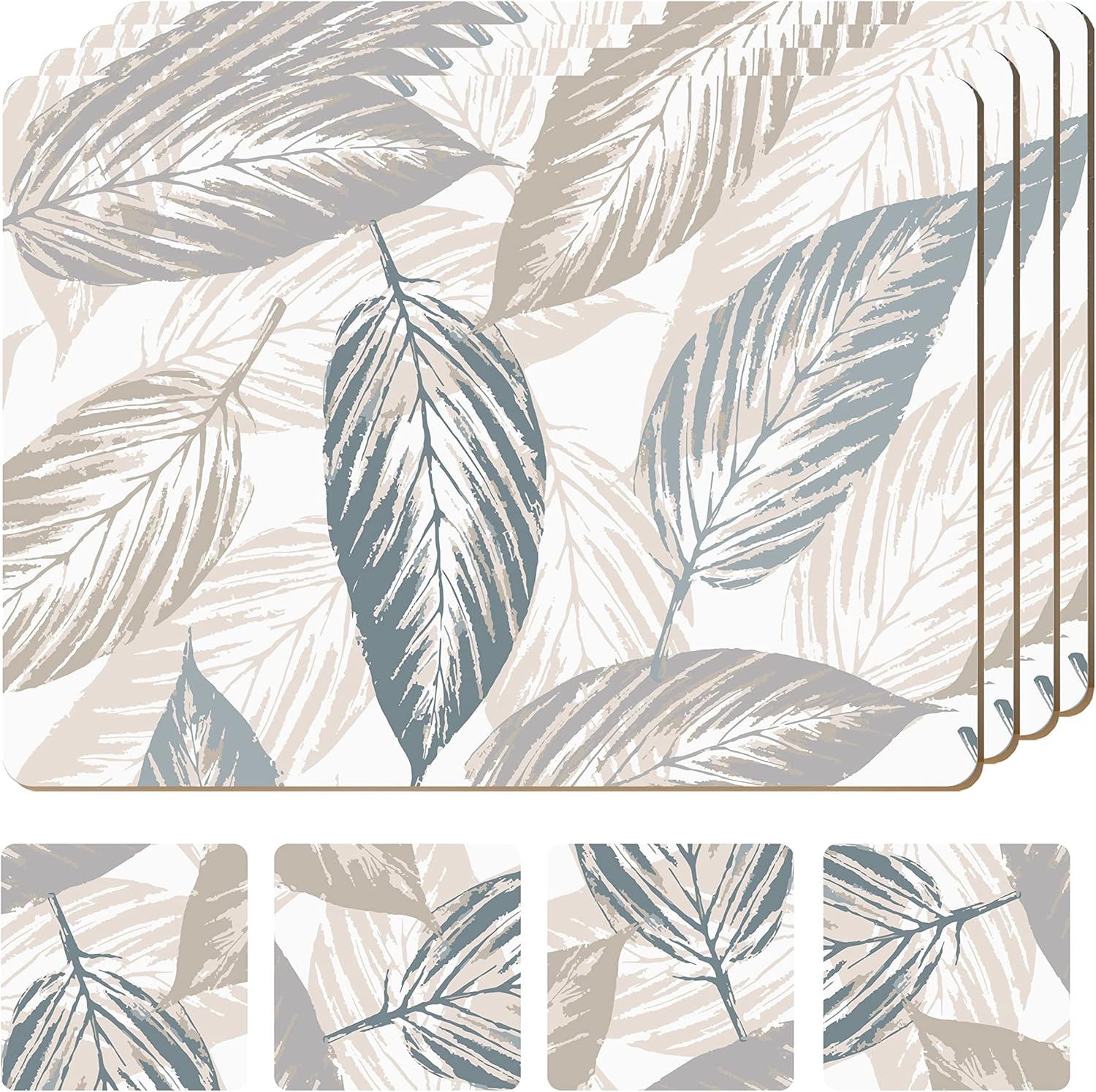 Set of 4 Heat Resistant Cork Placemats for Dining Table with Free Set of 4 Matching Drink Coasters Marble Design 16 x 12 Inches Cork Backed Hard Placemats (Farmhouse Rustic Leaves)