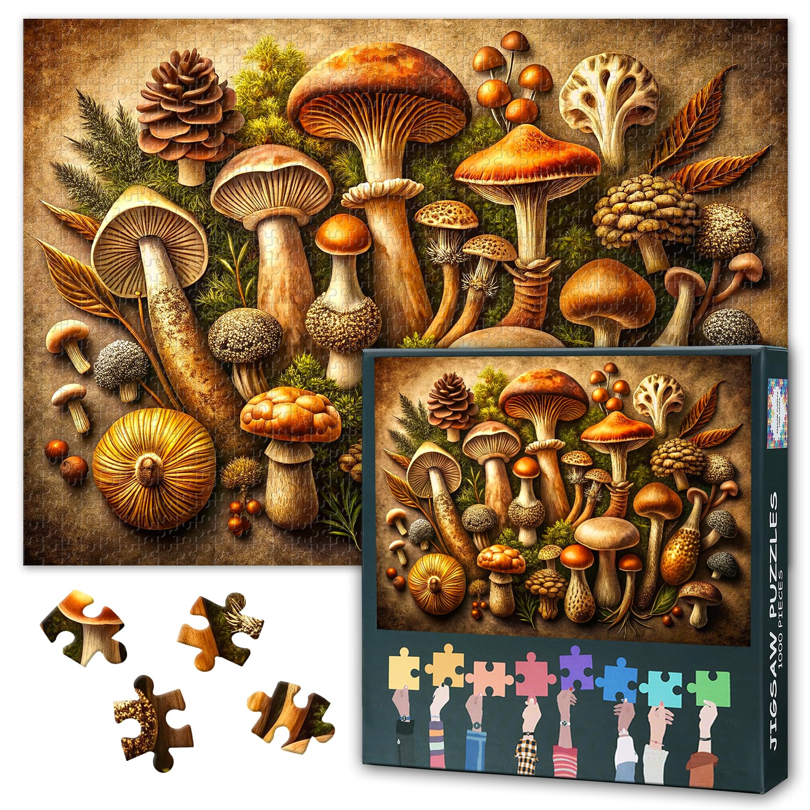 1000 Pieces for Adults Jigsaw Puzzles Vintage Hand Drawn Mushroom Puzzle Unique Featuring Diverse Fungi Types Challenge Impossible Puzzles for Adults Gift - 50x70 cm