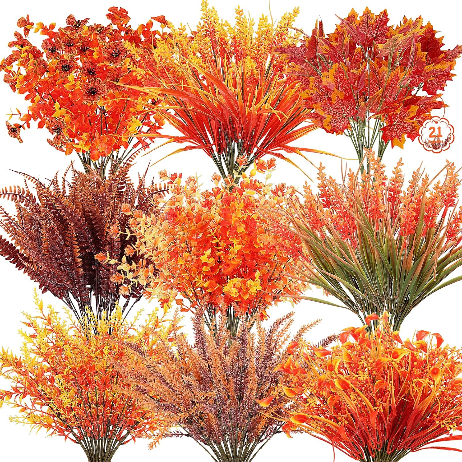 21 Bundles 9 Styles Artificial Fall Flowers for Outdoors Fall Decorations - UV Resistant Fall Plants Boxwood Fake Mums Maple Leaves Dasiy for Autumn Porch Patio Indoor Thanksgiving Window Box Decor