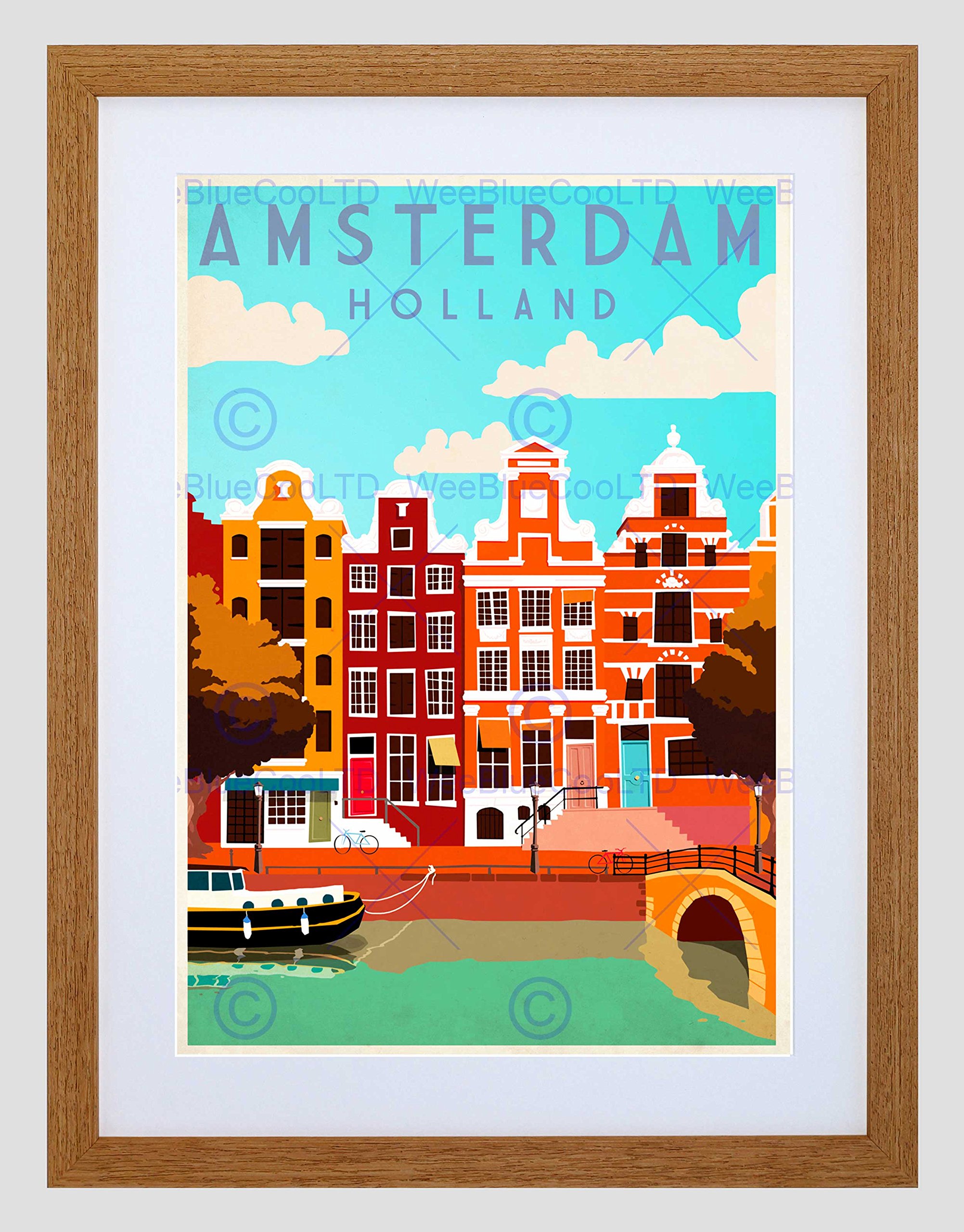 Wee Blue Coo Travel Amsterdam Holland Netherlands Canal Bridge Boat House Art Framed Wall Art Print