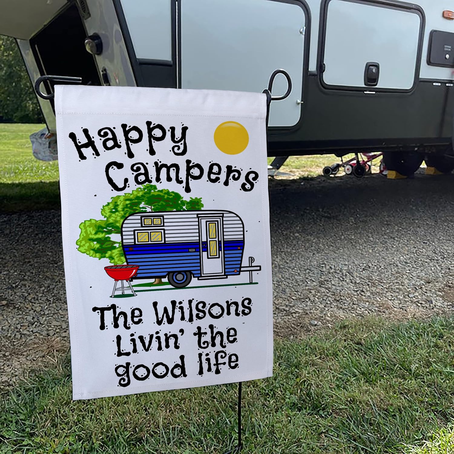 Personalized Camping Garden Sized Flag, Happy Campers and Vintage Travel Trailer Graphic, with 3 Additional Lines of Custom Text, Printed on White Fabric, Blue Camper
