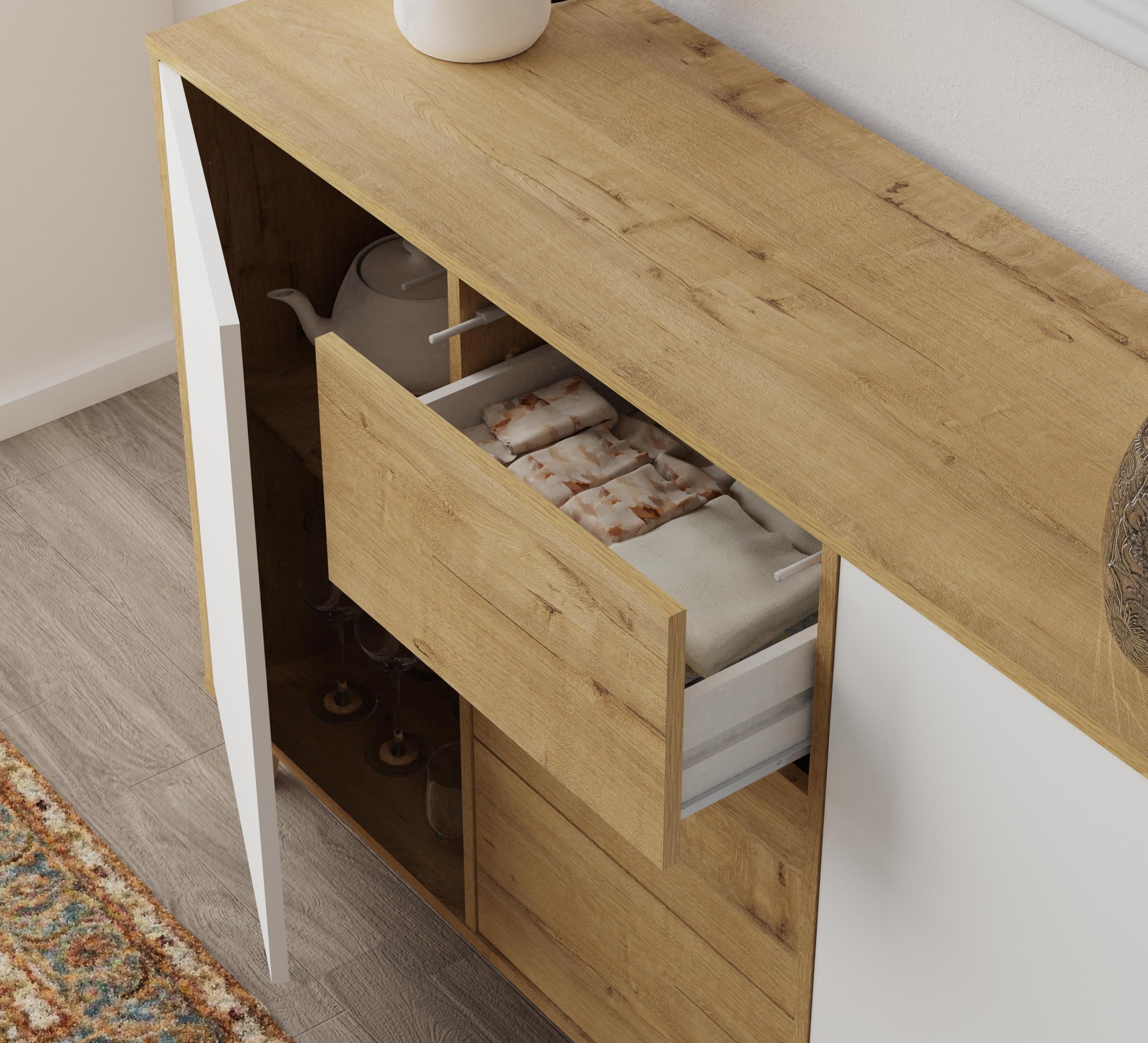 Aparador Salón Comedor, Buffet, Mueble Auxiliar, 2 puertas y 3 Cajones, Roble Gold con puertas blancas, 89x140x40cm, Despensa, Cocina, Despacho, Tirador Push o Pulsador, Moderno, Nórdico, modelo Oslo