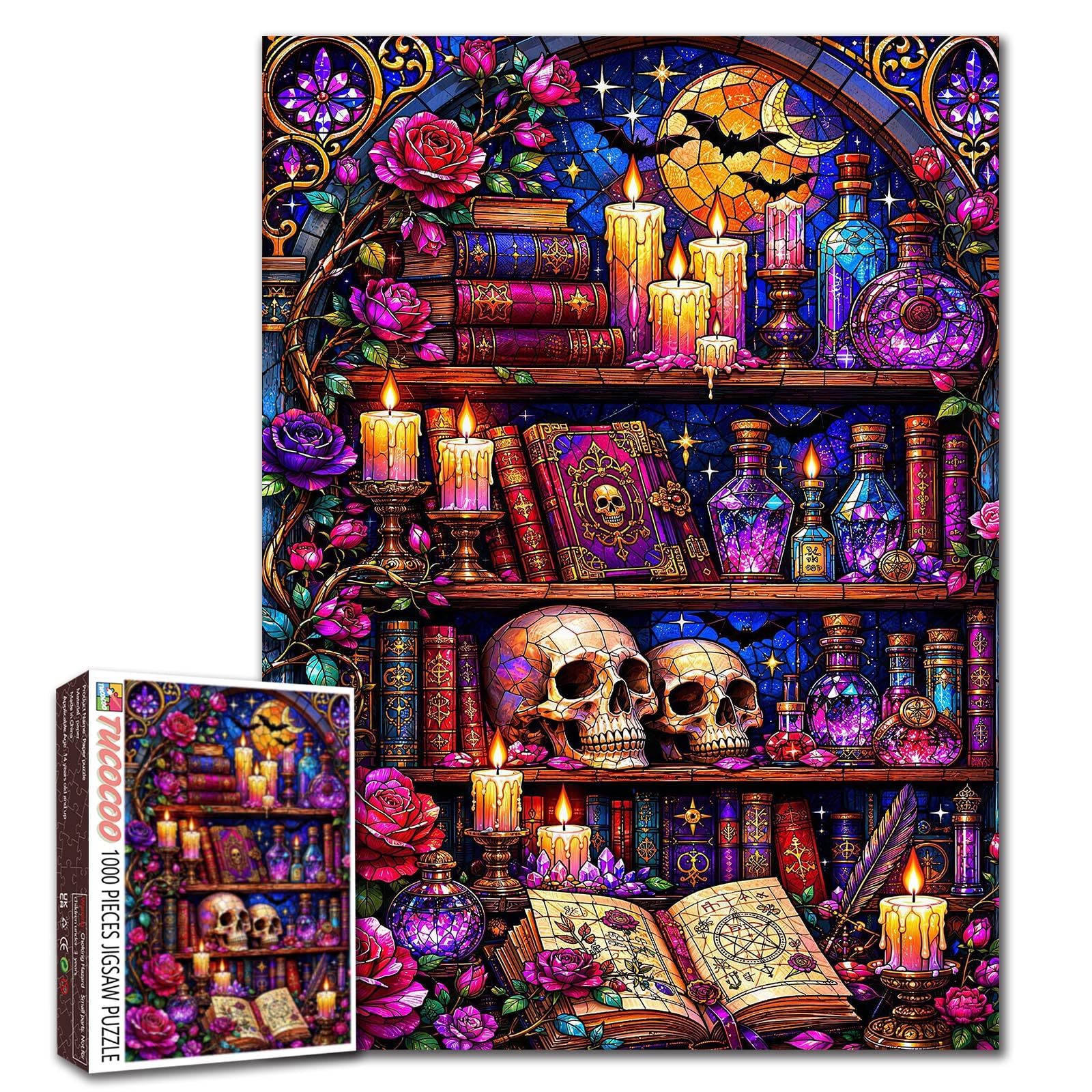 Skull Books Puzzle Witch Library Jigsaw Halloween Gothic 1000 Pieces Puzzles for Adults Beginner Stained Glass Style Picture Challenging Family Activity Games DIY Crafts Puzzle for Home Decor Gifts — image 1