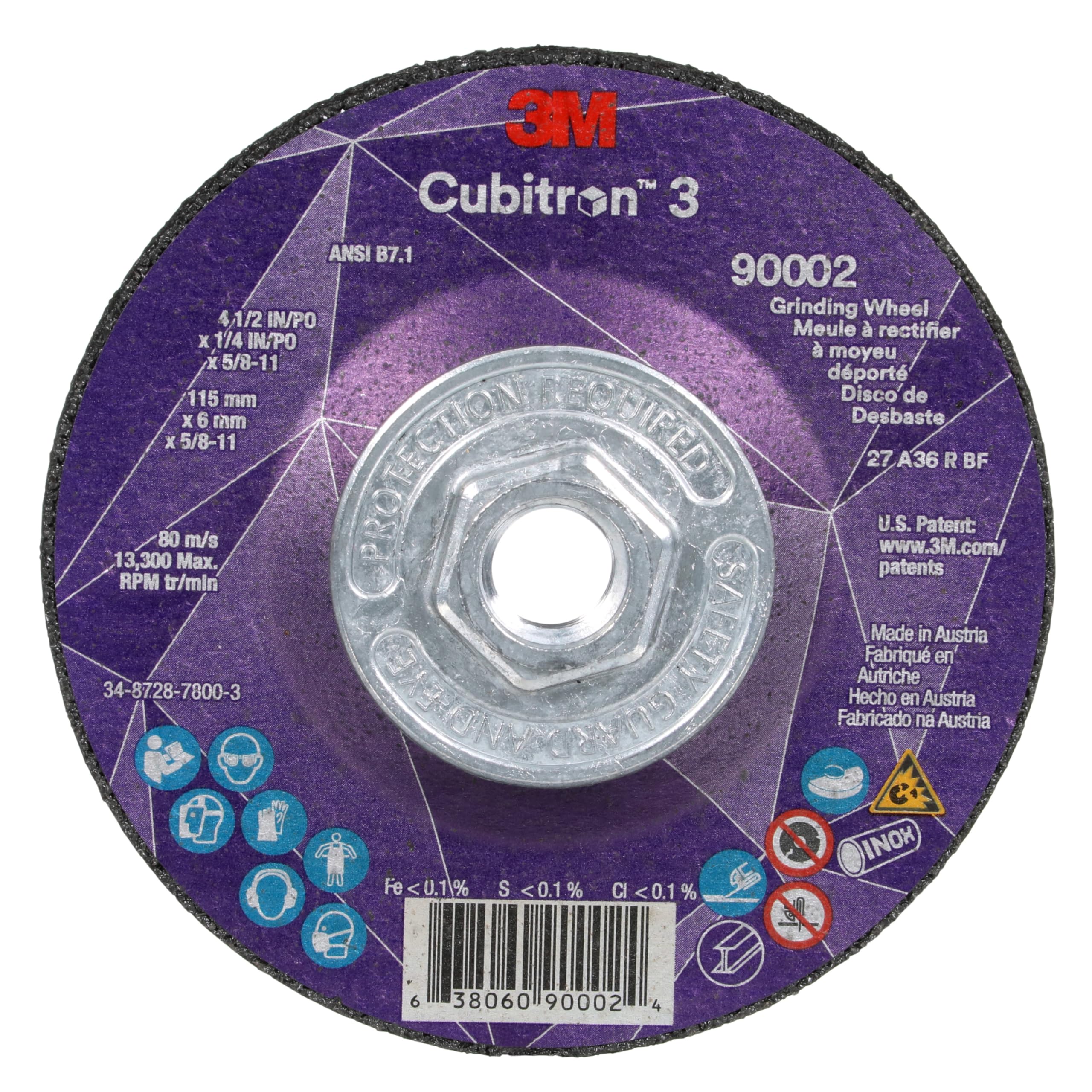Photo 1 of 3M Cubitron 3 Depressed Center Grinding Wheel, 90002, 36+, T27, 4-1/2 in x 1/4 in x 5/8 in-11, Pack of 10, ANSI, Precision Shaped Grain, Beveling, Weld Grinding, Heavy Deburring, Slag Removal
