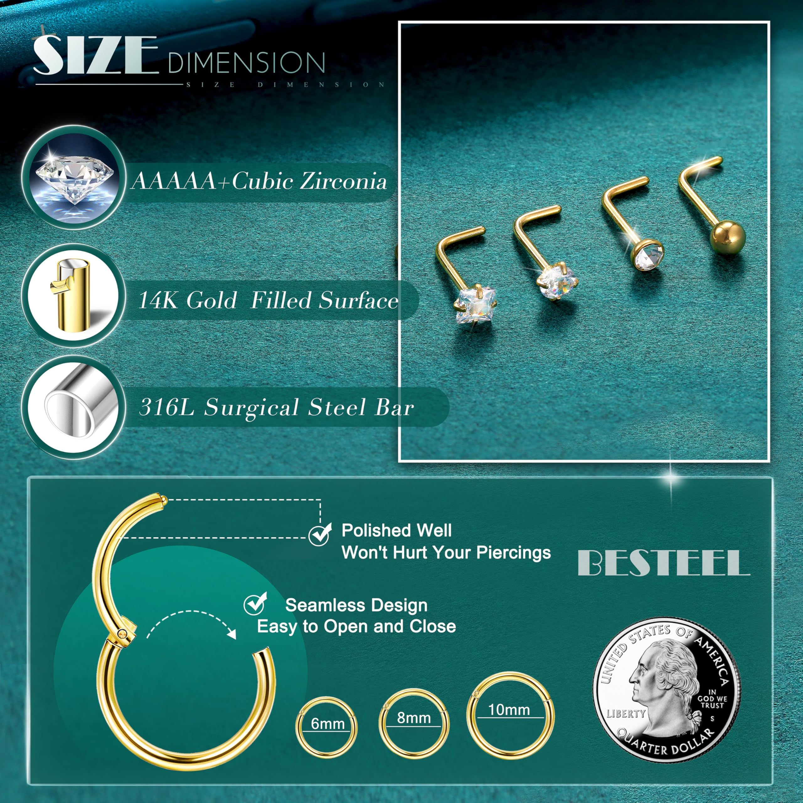 FIOROYAL 20G Piercing Nariz Oro Plata L Forma Espiral Acero Quirurgico 18G Clicker Aro 6/8/10mm Helix Nostril Pendientes