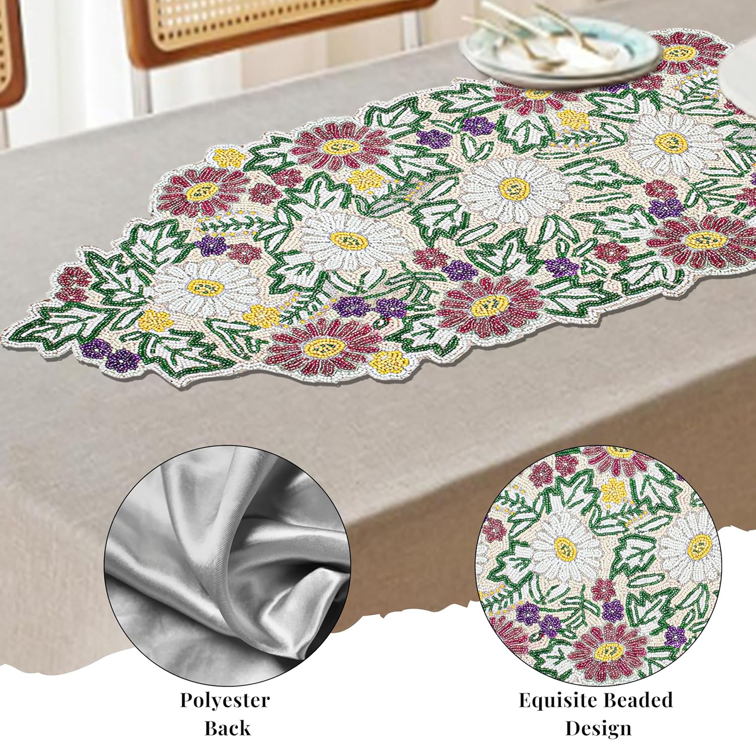 CLEENTABLE Luxury Beaded Table Runner - 13x36 Inches Handcrafted Spring Floral Design with Glass Beads & Polyester Back - Elegant Table Decor for Dining, Coffee Table & Events (Multi)