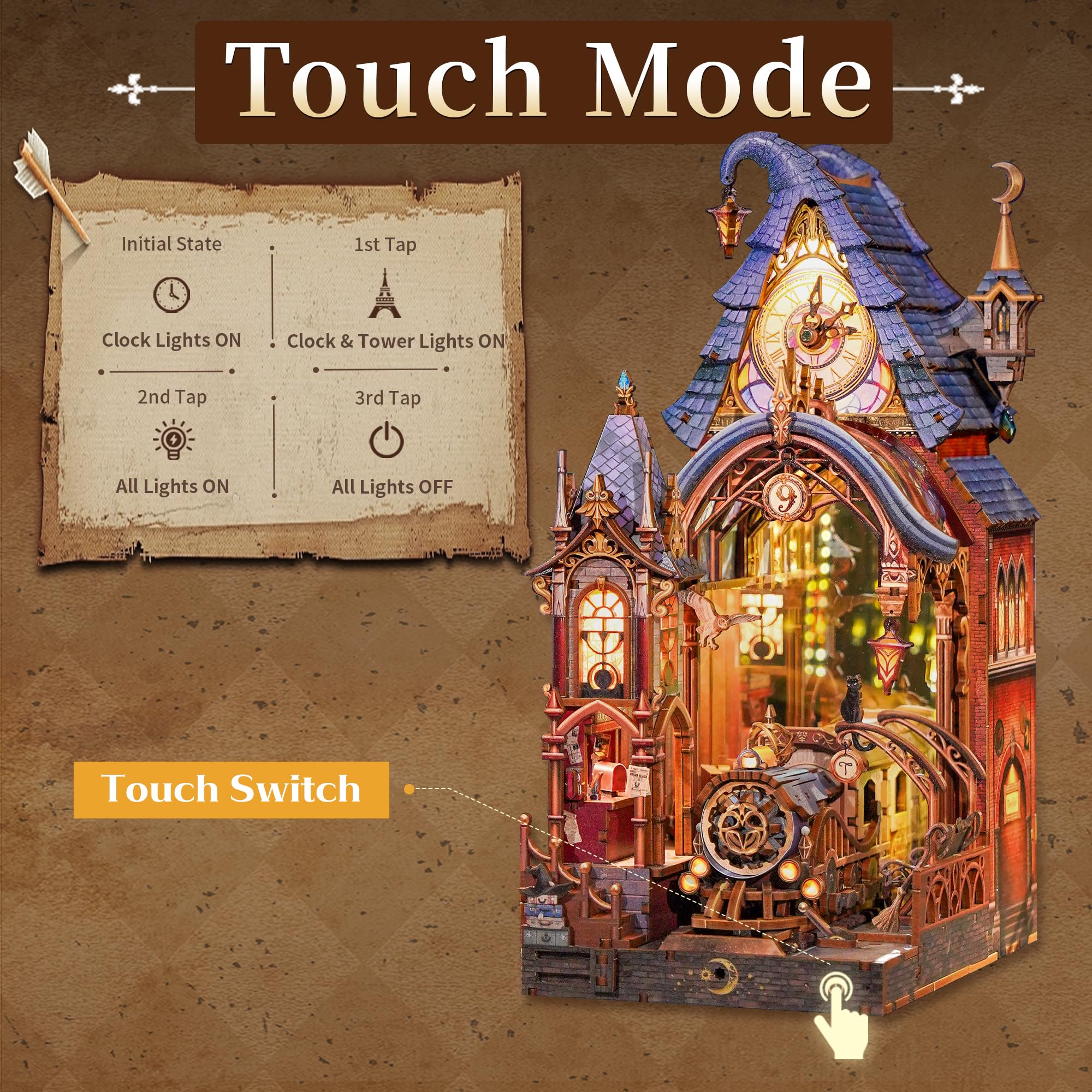 Tonecheer 3D Holzpuzzle Book Nook Kit, LED Zauberwelt Miniatur Bastelset, Interaktives DIY Bücherregal Regaldekor, Gothic Deko Geschenk für Erwachsene und Fans(Magischer Bahnsteig)
