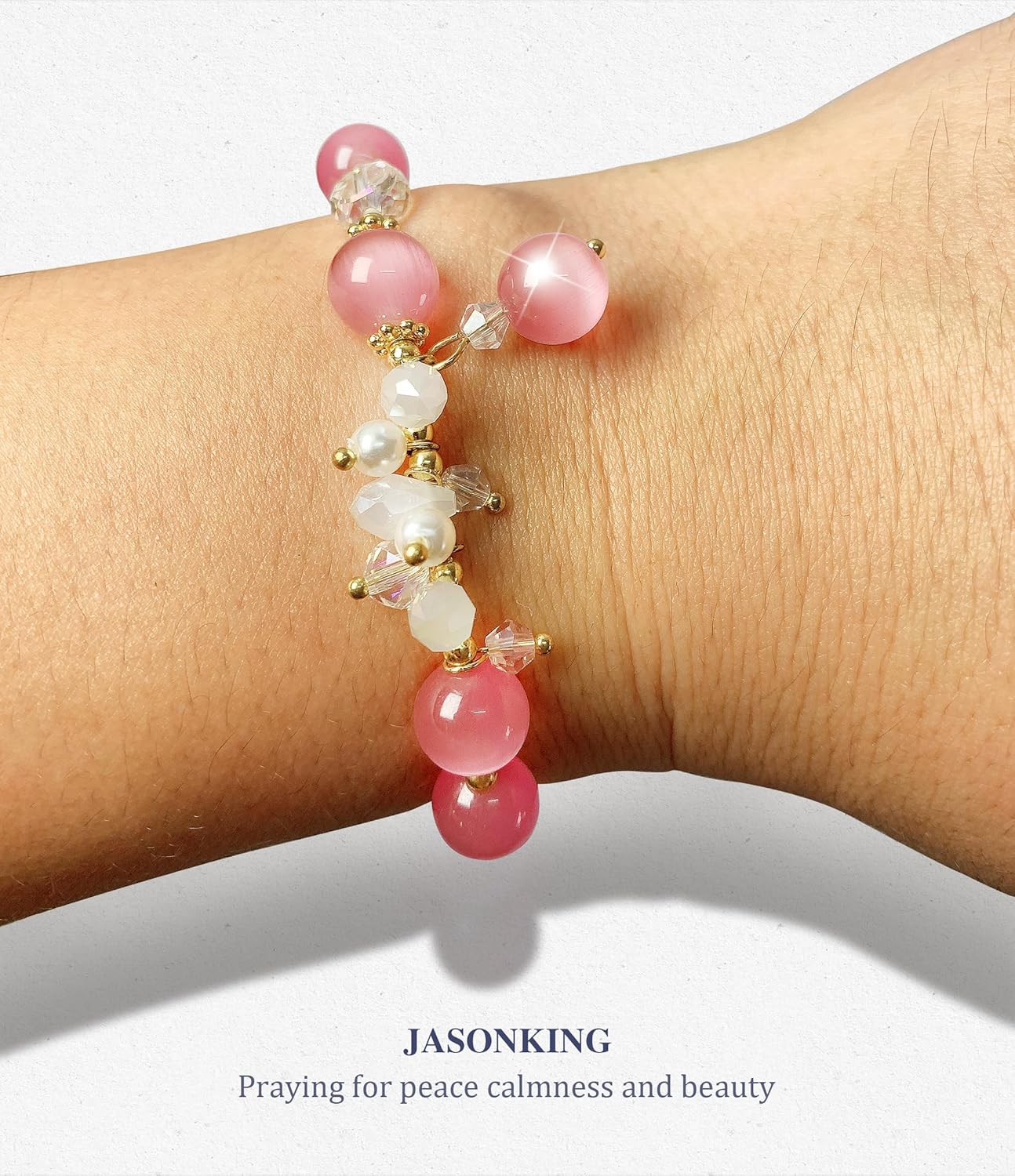 jasonking Women Cat's Eye stone Stretch Cristal Bracelet with Peals, Pink Gift for Birthday,Anniversary,Mothers' Day. - Image 3