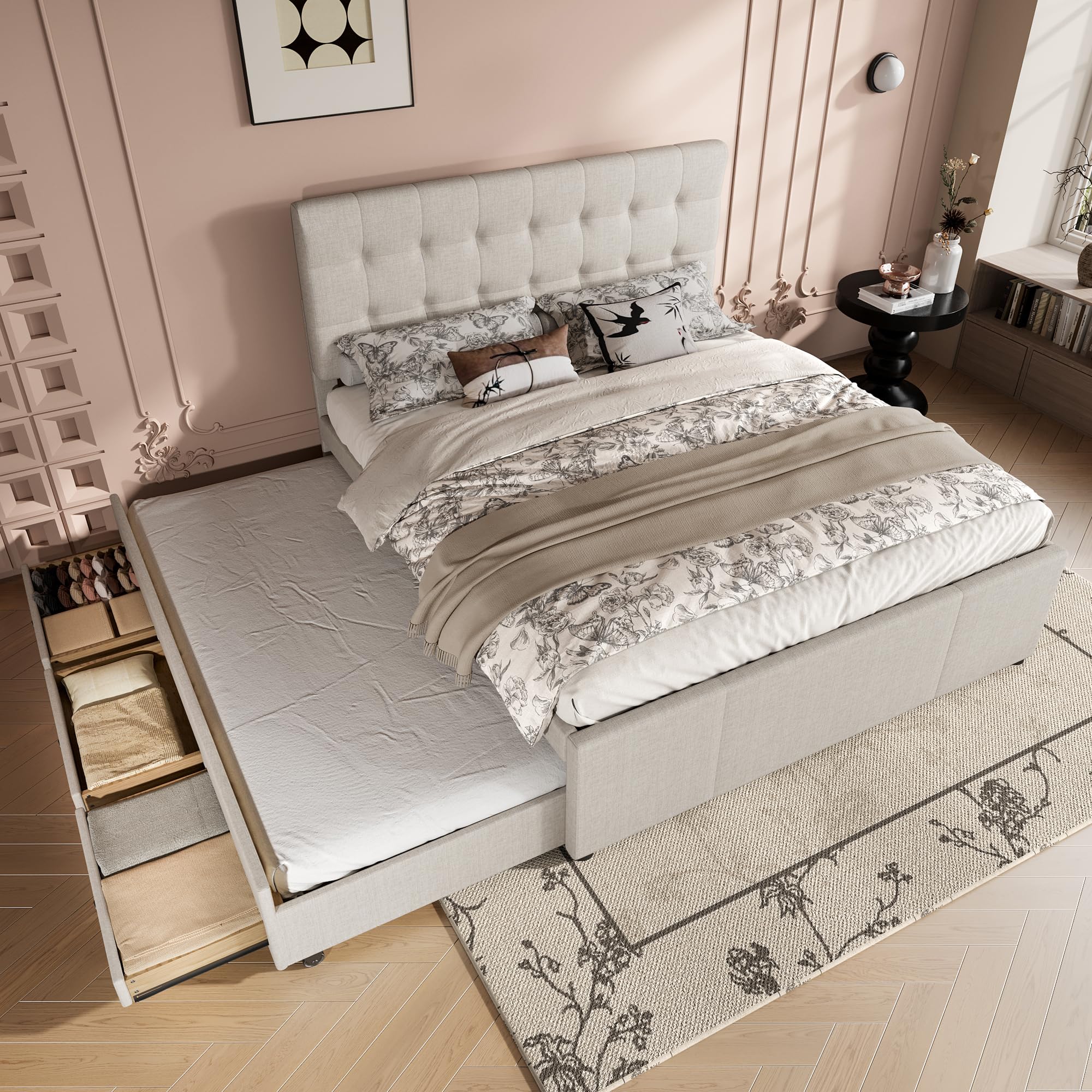 Cama Tapizada Doble 140 x 200 cm con Tres Cajones, Extensible y Cabecero Ajustable