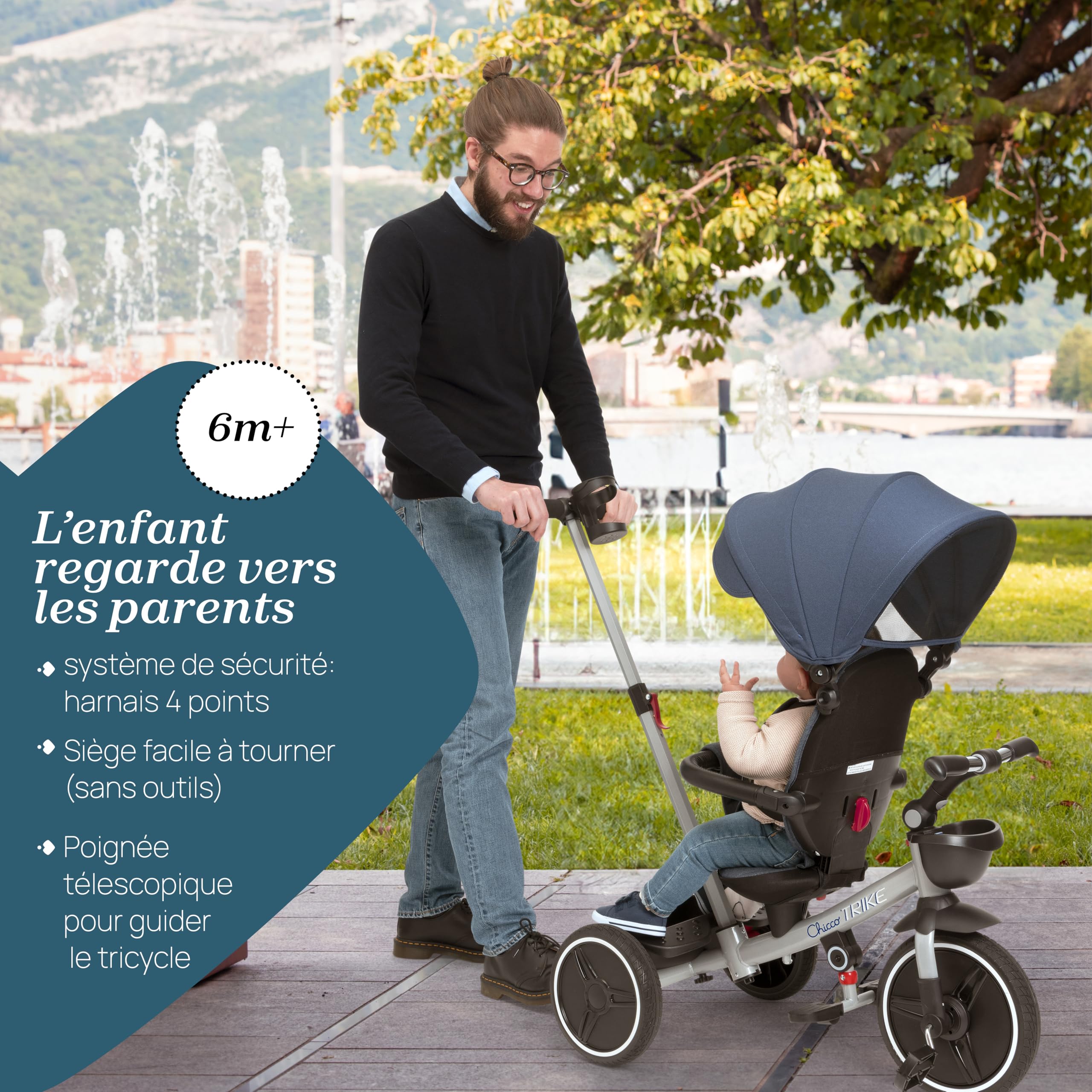 Chicco Tricycle Evolutif pour enfants 4en1, Cadre en métal, Roues en caoutchouc EVA, Harnais 4 points, Poignée télescopique et capote amovible, Poussette avec siège réversible, Paniers, 6 mois-5 ans