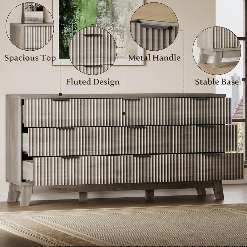 BORNOON 63" Long Dresser for Bedroom, 9-Drawer Fluted Dresser, Extra-Wide Wood Chest of Drawers with Smooth Metal Slides, Stable Base, Modern Clothes Storage Cabinet for Living Room, Hallway, Nursery image 5
