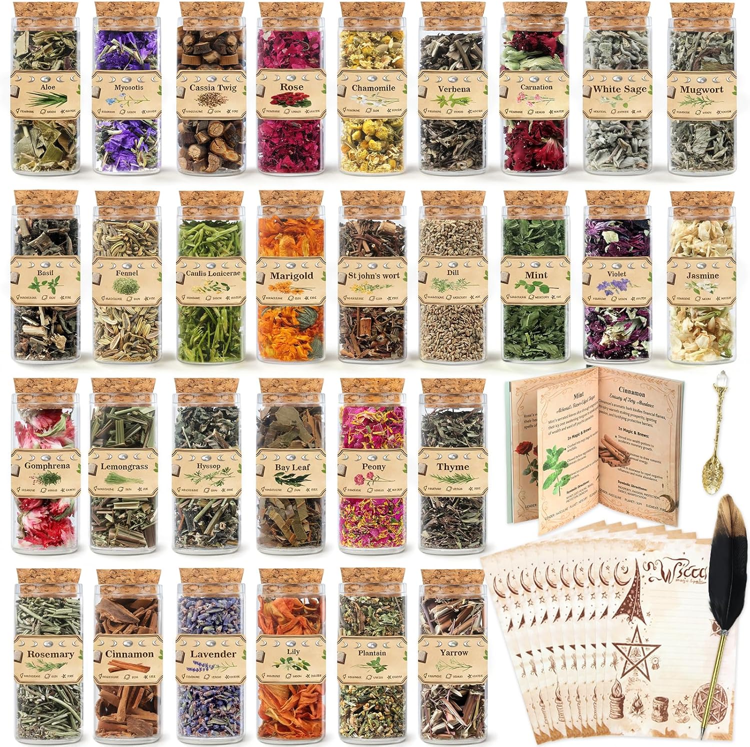 Witchcraft Kit with 30 Herbs – Complete Wiccan Starter Set with Spell GuideBook, Feather Pen, Parchment Paper & Spoon | All-in-One Ritual Supplies for Spells, Altar & Spiritual Witchy Gifts