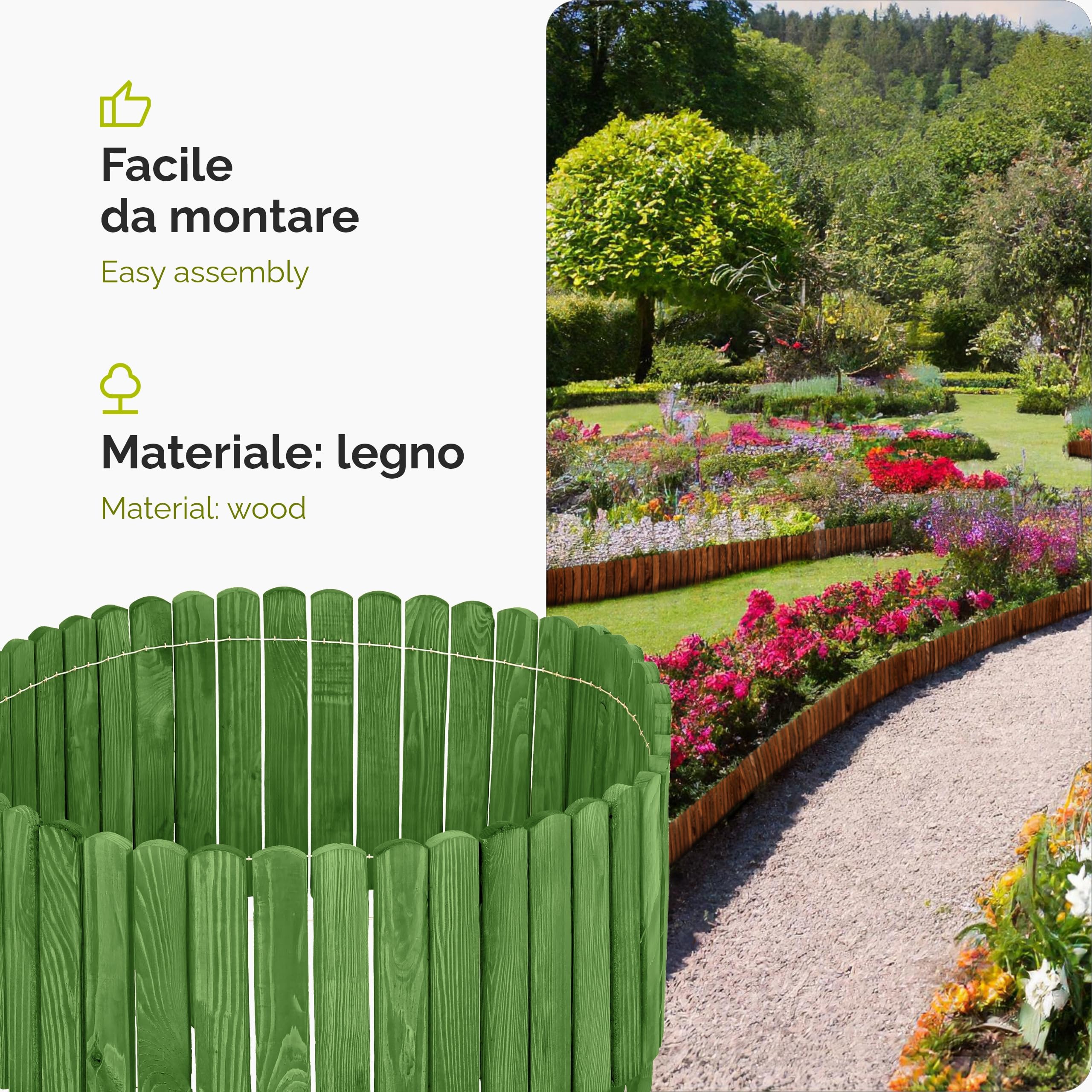 Garronda bordatura giardino bordura per aiuola staccionata in legno per giardino cordolo per aiuole Rollborder Recinzione Bassa Aiuola Lunghezza: 200 cm GD-0109 (Verde scuro, Altezza: 30 cm)