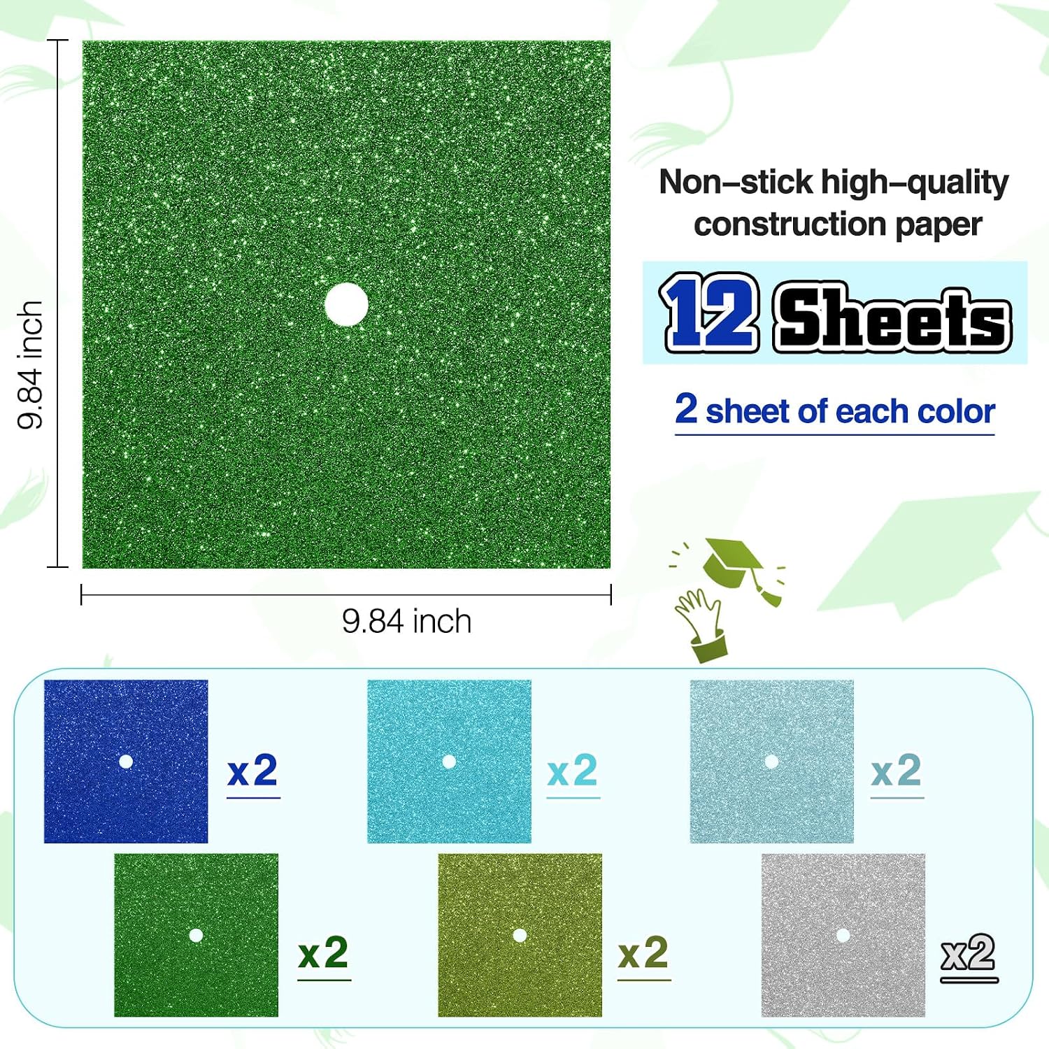 Gersoniel 12 Sheets Glitter Construction Paper for Graduation Cap Decoration 10 x 10 Inch Colorful Cardstock Grad Cap Cover Card Stock for Graduation Hat Topper Craft DIY(Fresh Color)