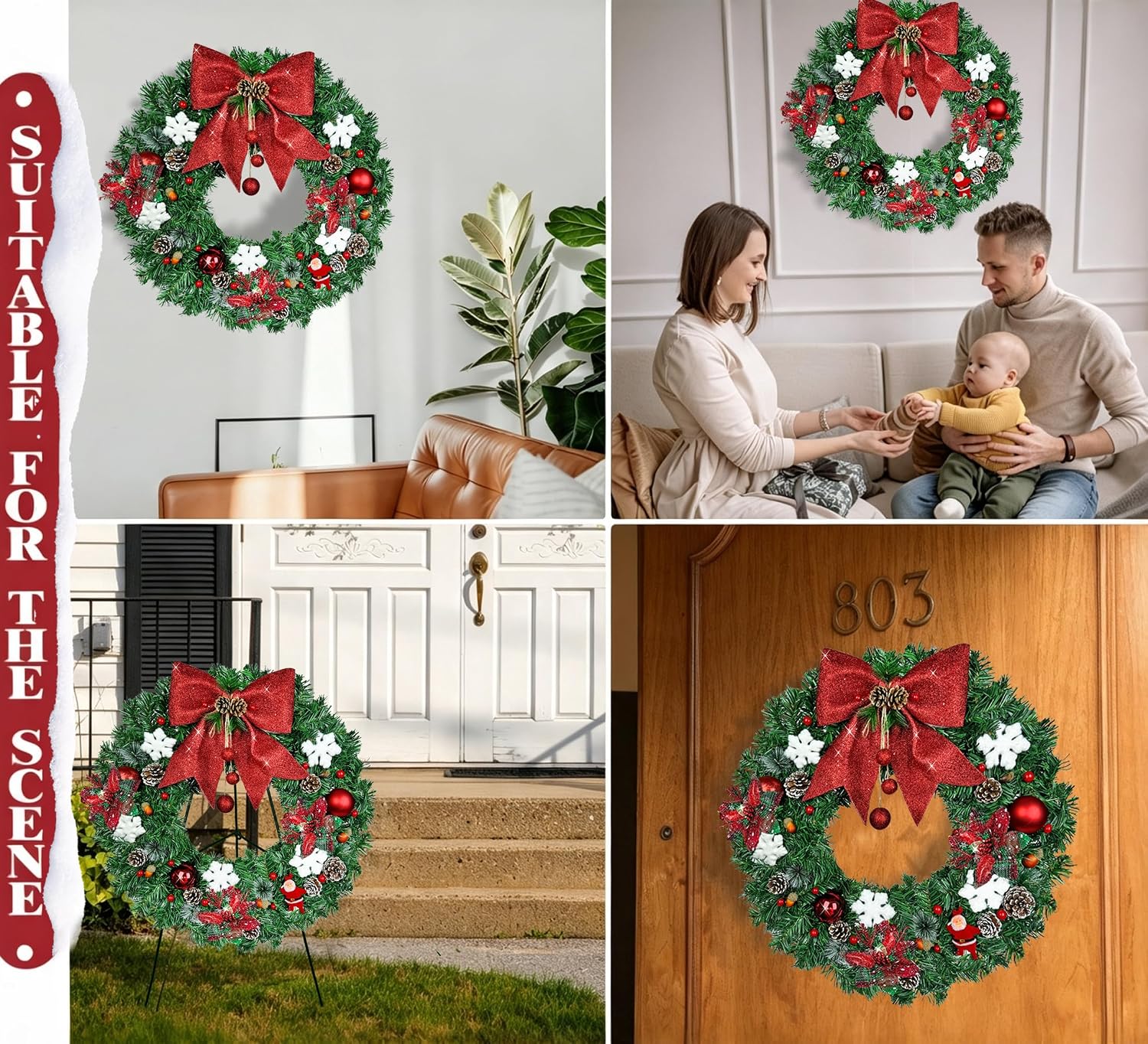 Artificial Bow Christmas Wreaths for Grave -Cemetery Decor- Easel Included