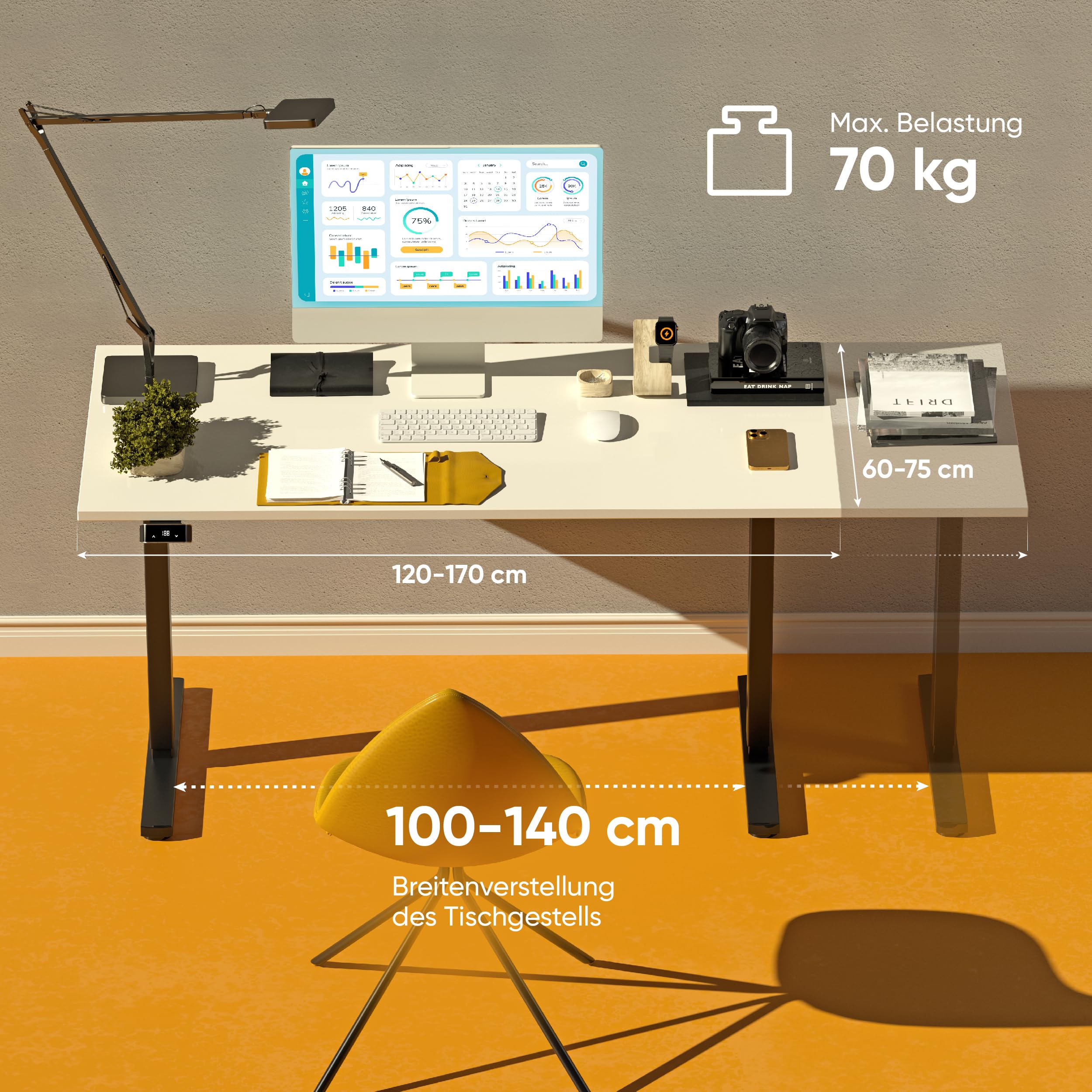 ONKRON höhenverstellbarer Schreibtisch Gestell elektrisch bis zu 70 kg, Sitz Steh Tisch Untergestell für 120-170 cm Tischplatten, Schreibtisch höhenverstellbar mit Motor Schwarz WDF221E-B