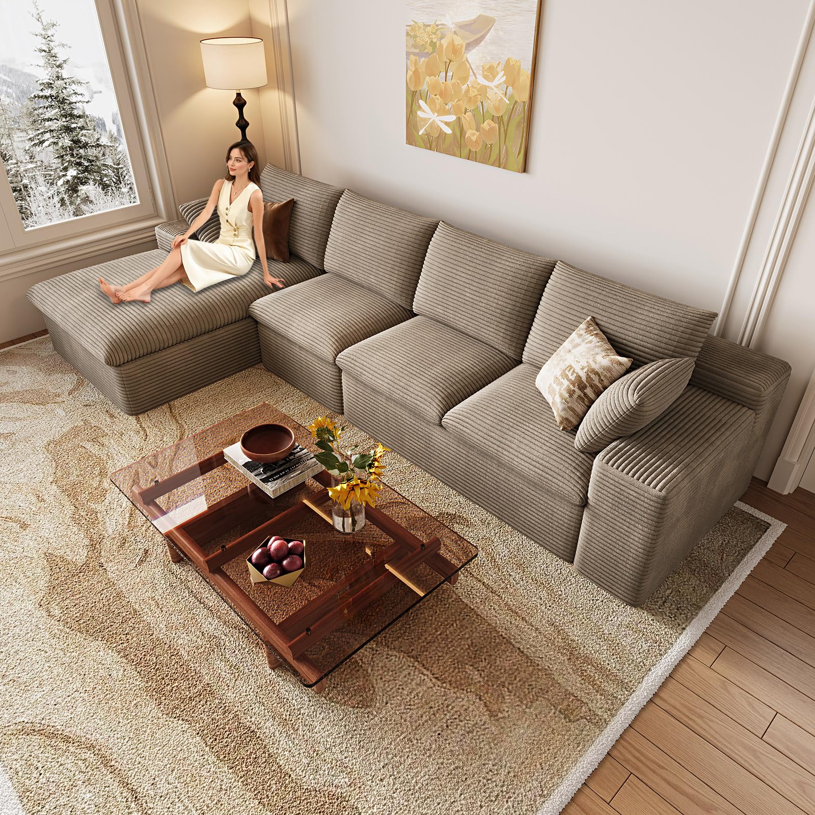 136" Cloud Couch Modular Sectional Sofa for Living Room, L-Shape Boneless Couch with Deep Seat, Modern Corduroy 4-Seater, No Assembly Required (Camel,Left-Facing Chaise)