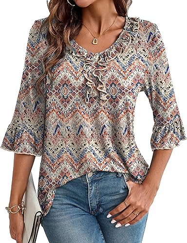 OIDUICOULD Women's Plus Size Casual V Neck Tops 3/4 Bell Sleeve Shirts Ruffle Tu