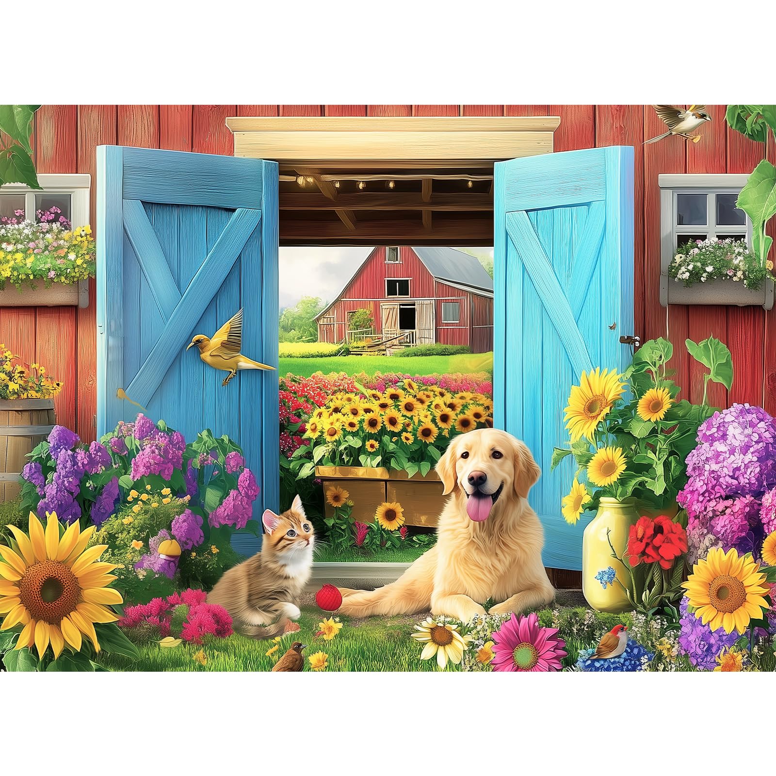 500 Piece Animal Farm Puzzle for Adults, Spring Flowers Jigsaw Puzzle, 500 Piece Dog and Cat Puzzle as Home Decor, Friends Family Activity Game Nights
