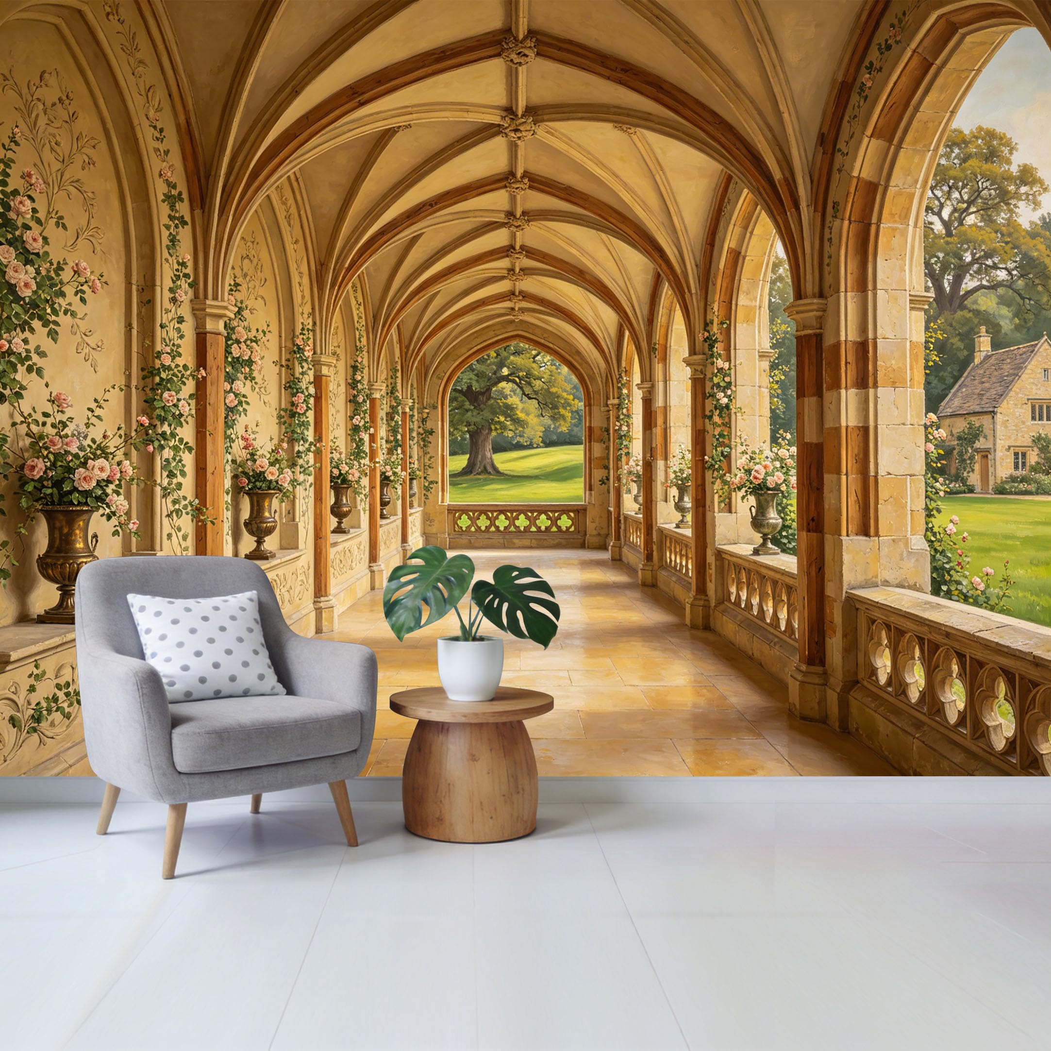 Removable Self Adhesive Fabric Mural， Neoclassical Stone Archway Garden View Custom Size Wall Covering， UV Protected Waterproof Washable Wall Decor for Living Room Bedroom Bathroom